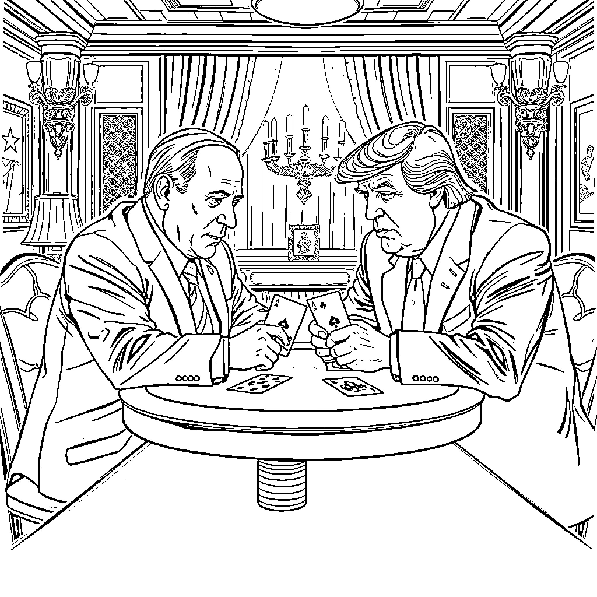 Benjamin Netanyahu and Donald Trump playing cards in a grand hall Coloring Page (free black-and-white line drawing printable PDF for all, from beginners to advanced learners, including children, teens, adults, and seniors)