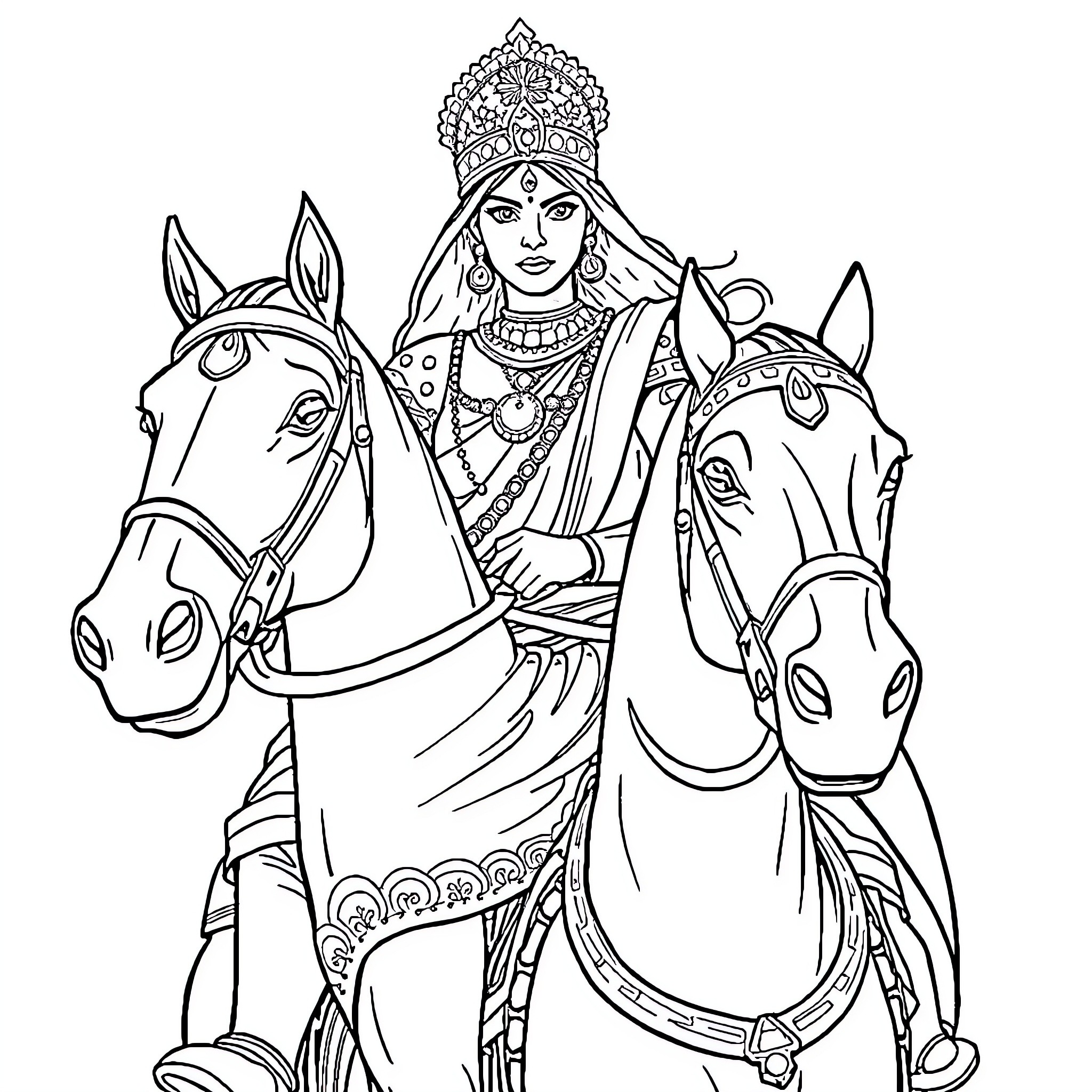 Rani Laxmi Bai riding heroically on horseback Coloring Page (free black-and-white line drawing printable PDF for all, from beginners to advanced learners, including children, teens, adults, and seniors)