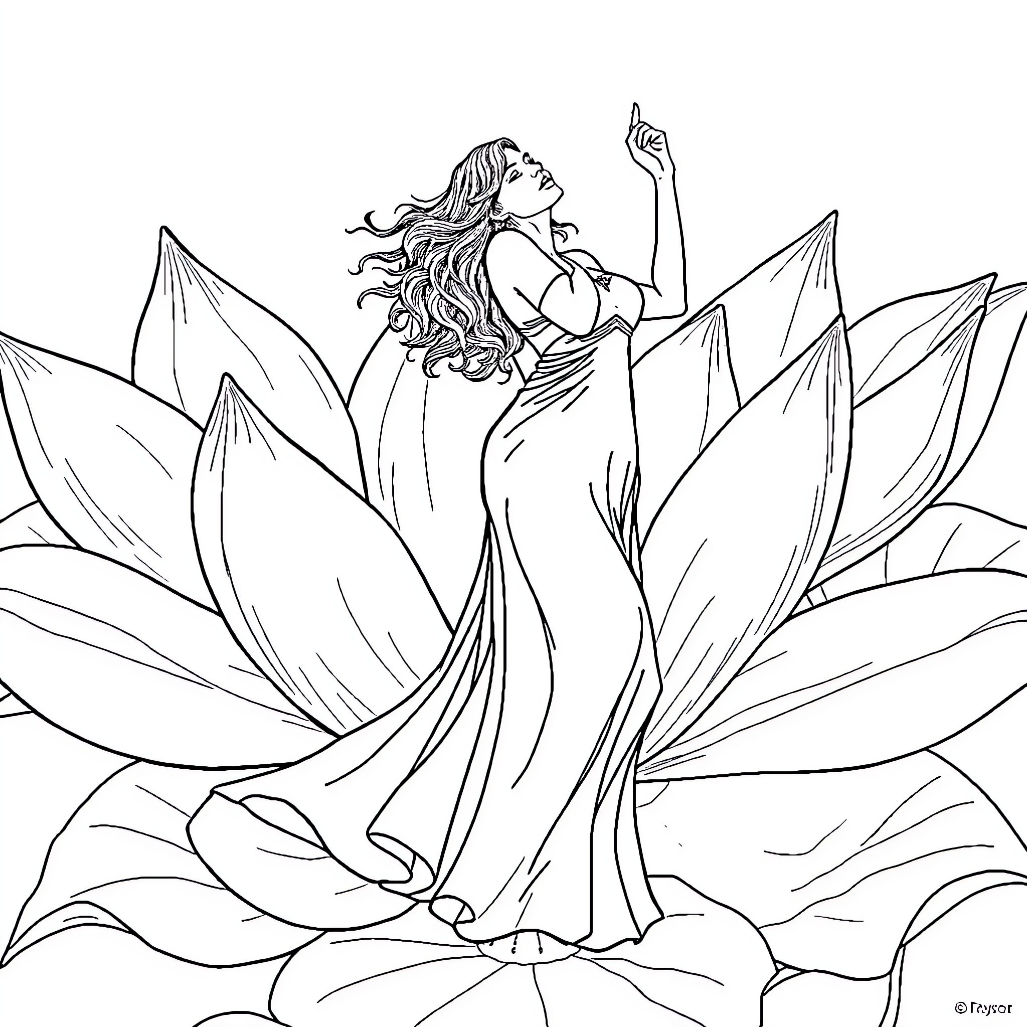 Tori Amos Performing with Flowing Dress and Gestures Coloring Page (free black-and-white line drawing printable PDF for all, from beginners to advanced learners, including children, teens, adults, and seniors)