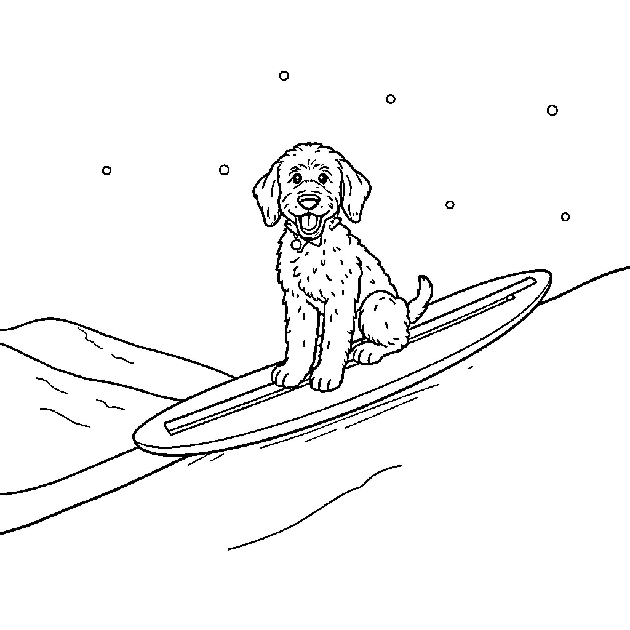 Surfboard-riding puppy in snowy landscape Coloring Page (free black-and-white line drawing printable PDF for all, from beginners to advanced learners, including children, teens, adults, and seniors)
