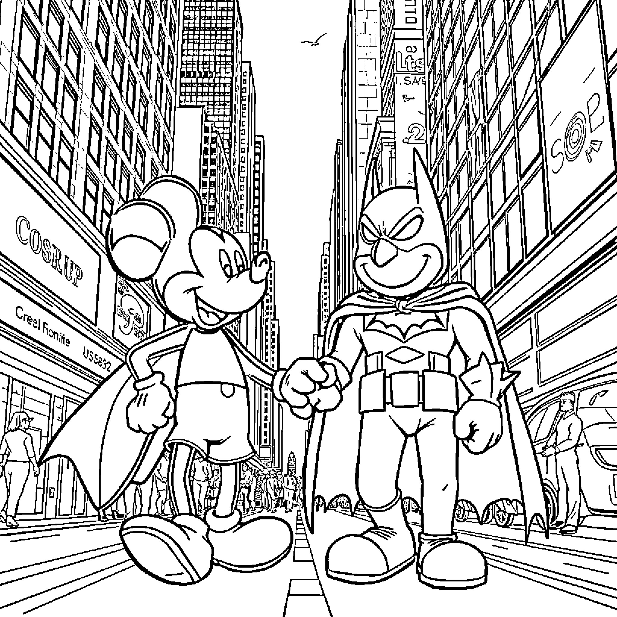 Mickey Mouse and Superhero Duo in Bustling City Coloring Page (free black-and-white line drawing printable PDF for all, from beginners to advanced learners, including children, teens, adults, and seniors)