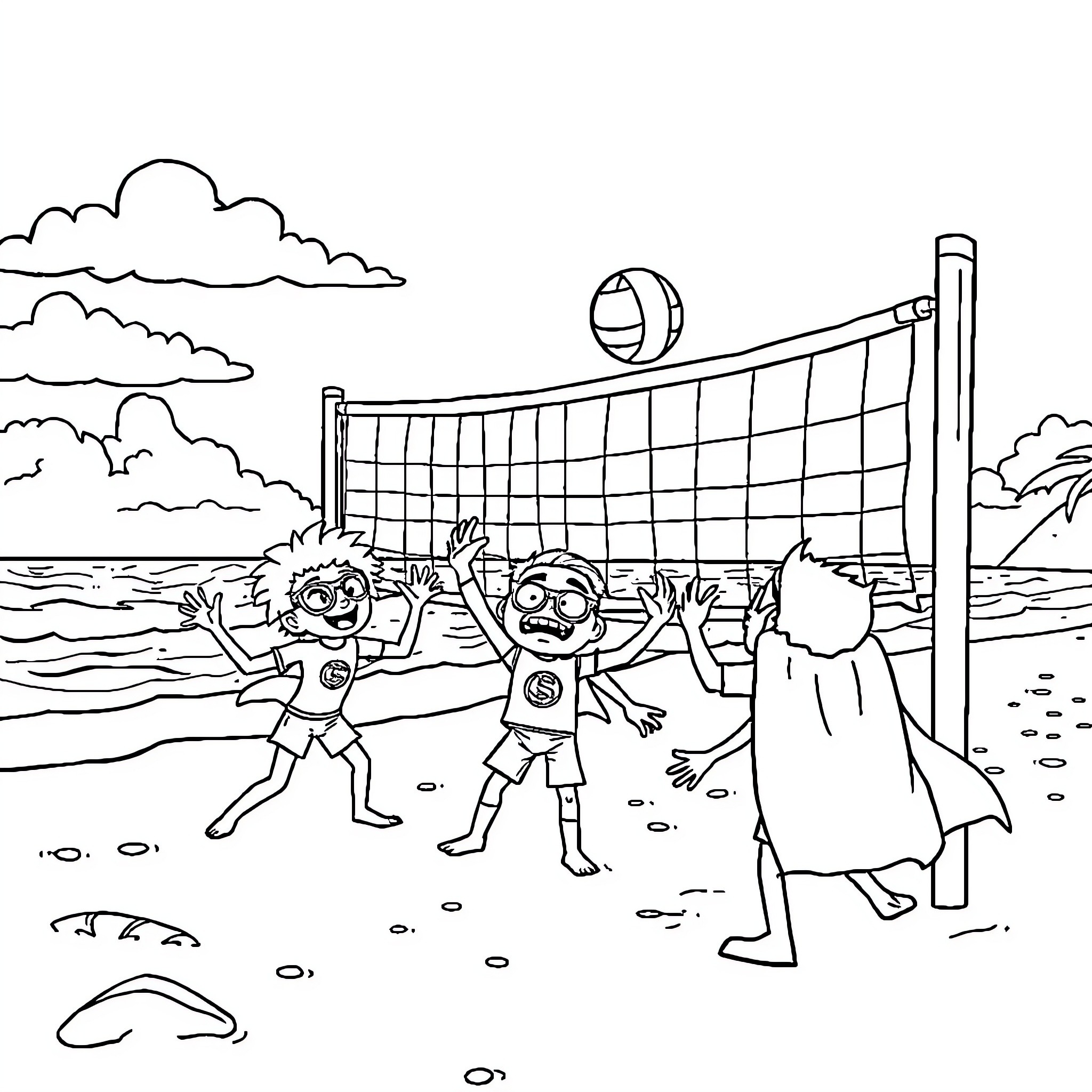 Superthings playing beach volleyball in the sun Coloring Page (free black-and-white line drawing printable PDF for all, from beginners to advanced learners, including children, teens, adults, and seniors)