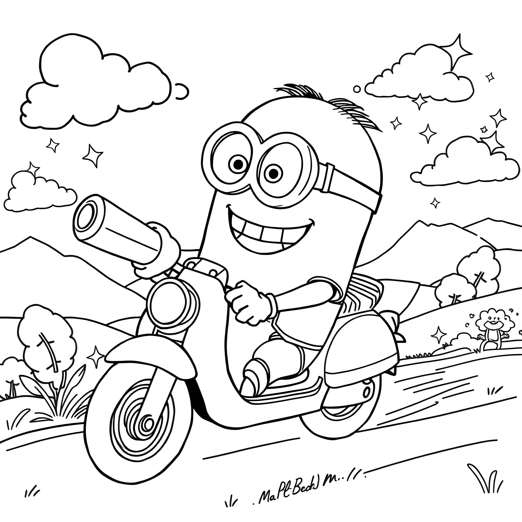 Minion riding a scooter in a scenic landscape Coloring Page (free black-and-white line drawing printable PDF for all, from beginners to advanced learners, including children, teens, adults, and seniors)