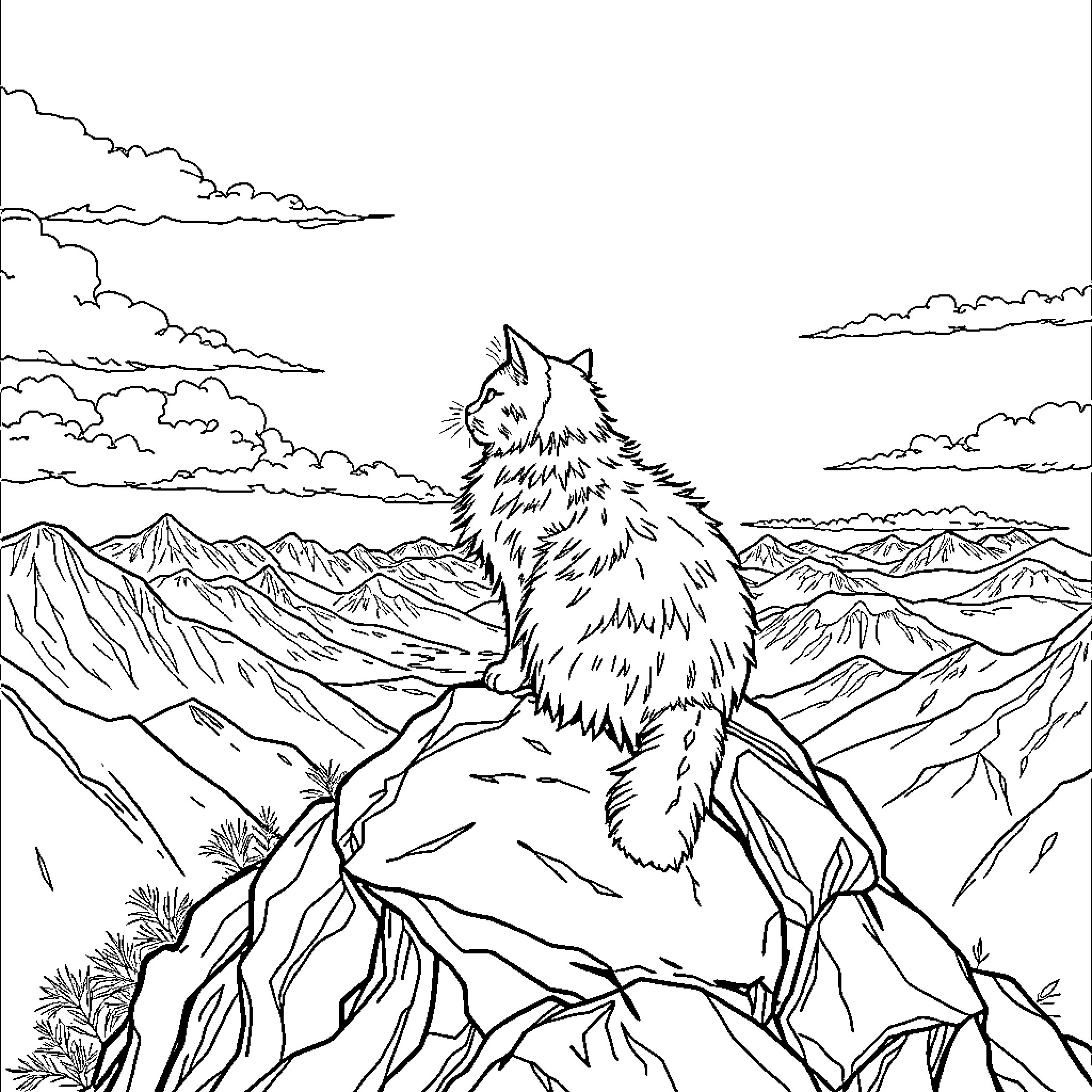 Cat in a Majestic Mountain Landscape Coloring Page (free black-and-white line drawing printable PDF for all, from beginners to advanced learners, including children, teens, adults, and seniors)