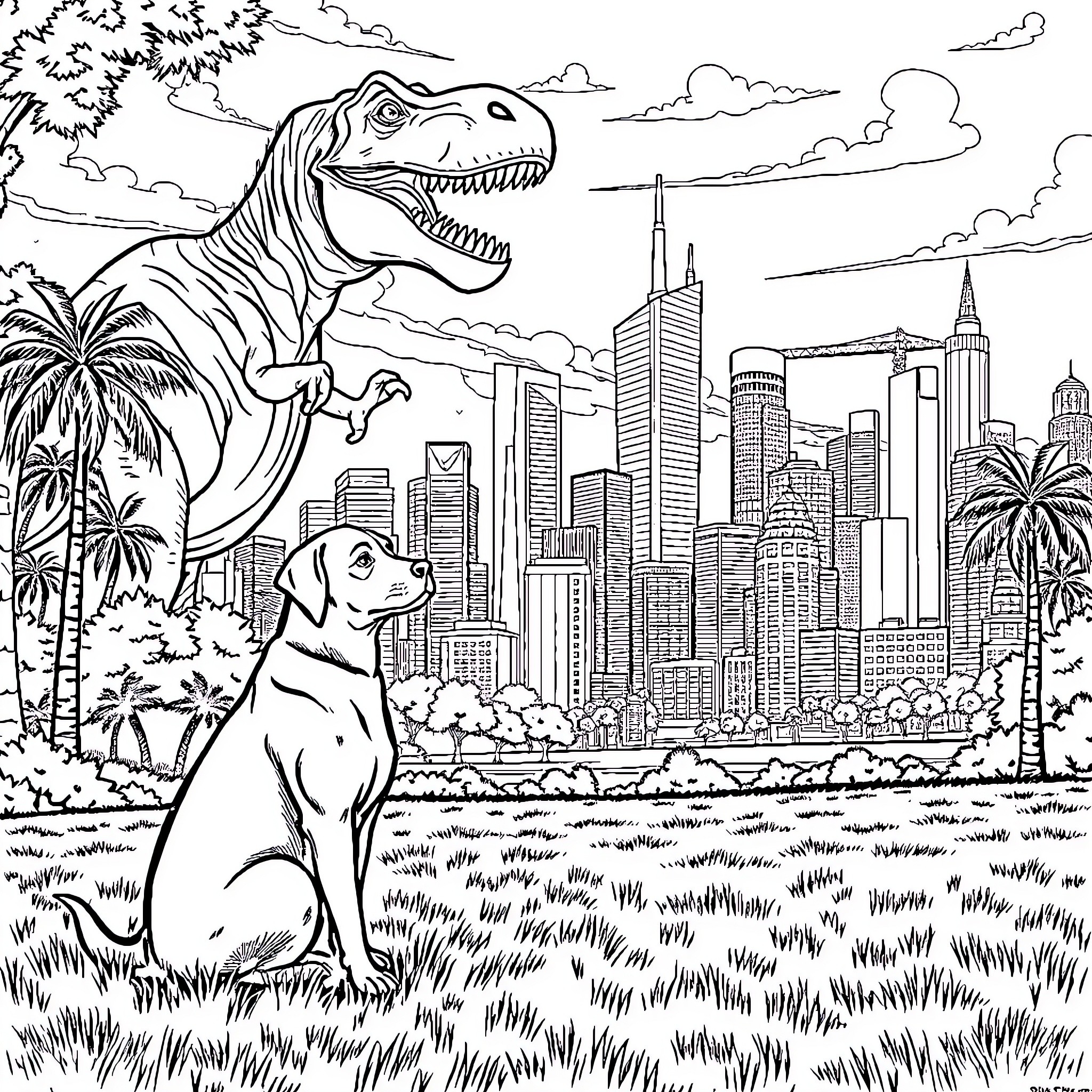 Dog and Dinosaur in the City Coloring Page (free black-and-white line drawing printable PDF for all, from beginners to advanced learners, including children, teens, adults, and seniors)