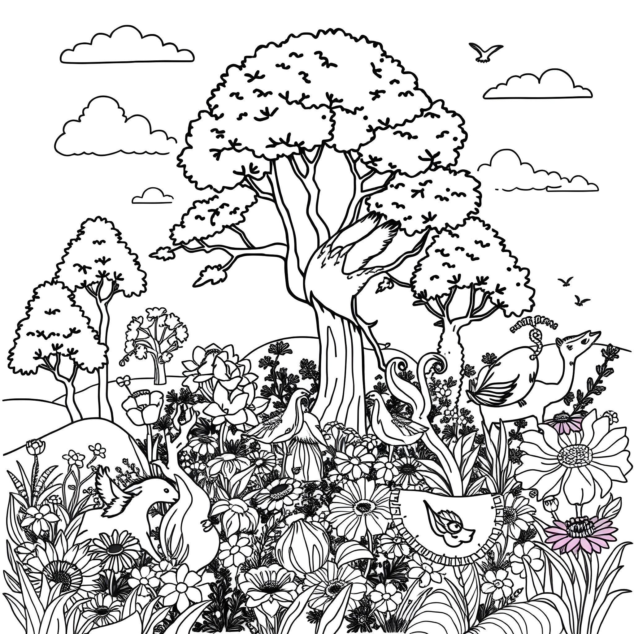 Number 3: Whimsical Forest Scene with Flowers and Animals Coloring Page (free black-and-white line drawing printable PDF for all, from beginners to advanced learners, including children, teens, adults, and seniors)