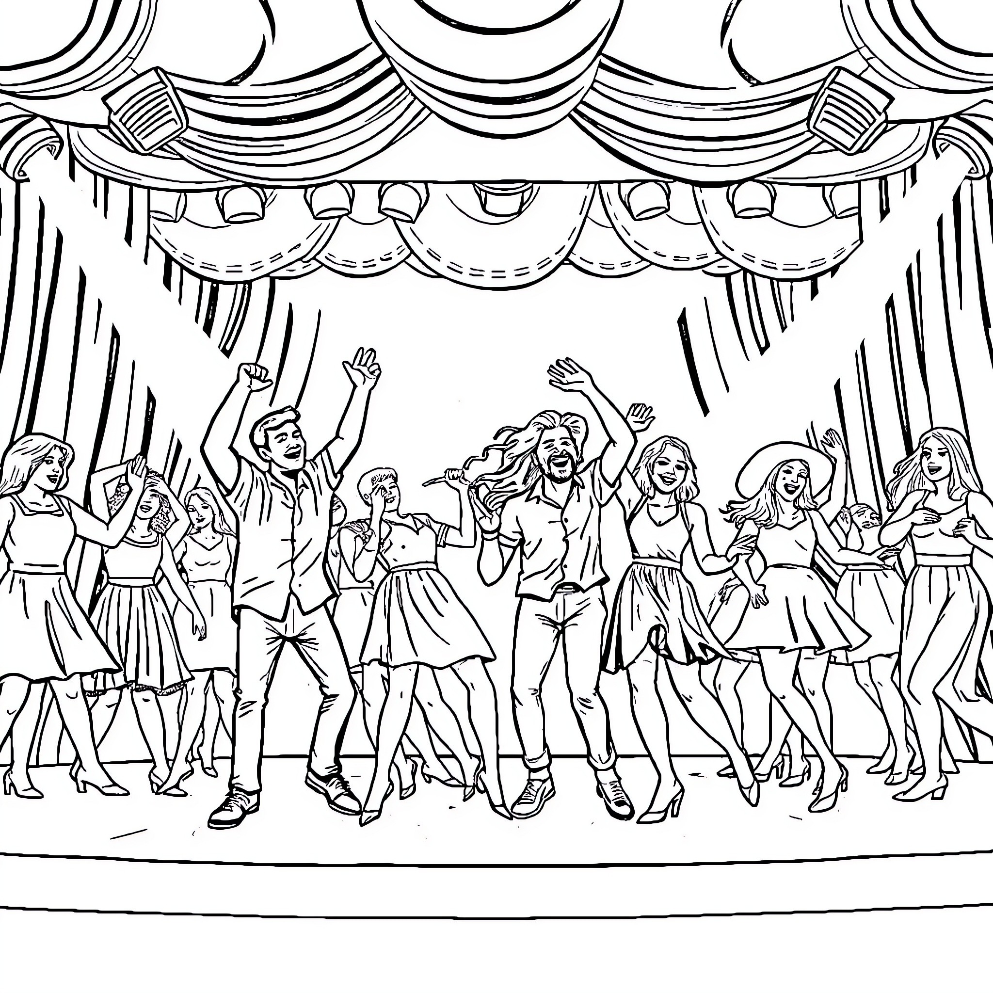 Person performing on stage with crowd Coloring Page (free black-and-white line drawing printable PDF for all, from beginners to advanced learners, including children, teens, adults, and seniors)