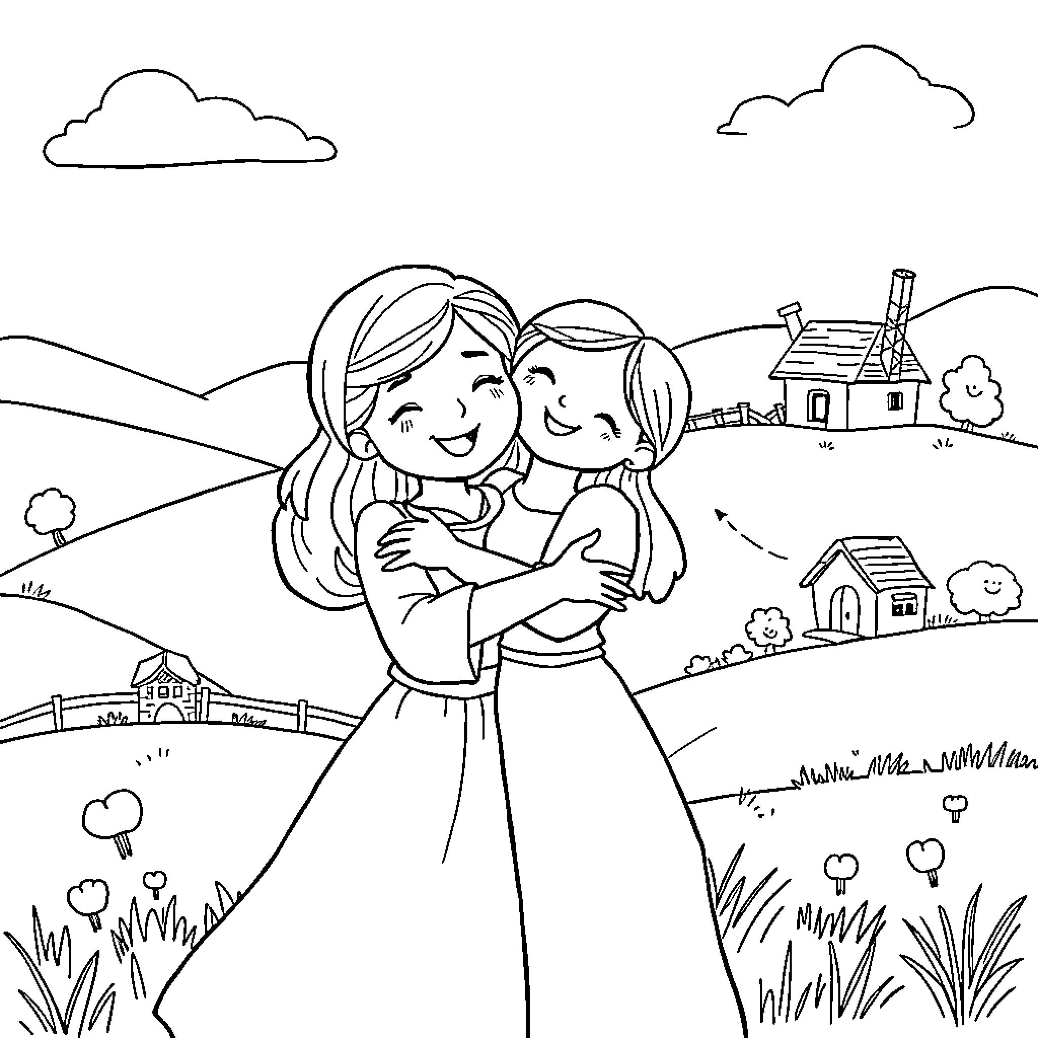 Mary and Elizabeth embrace in a peaceful countryside scene Coloring Page (free black-and-white line drawing printable PDF for all, from beginners to advanced learners, including children, teens, adults, and seniors)