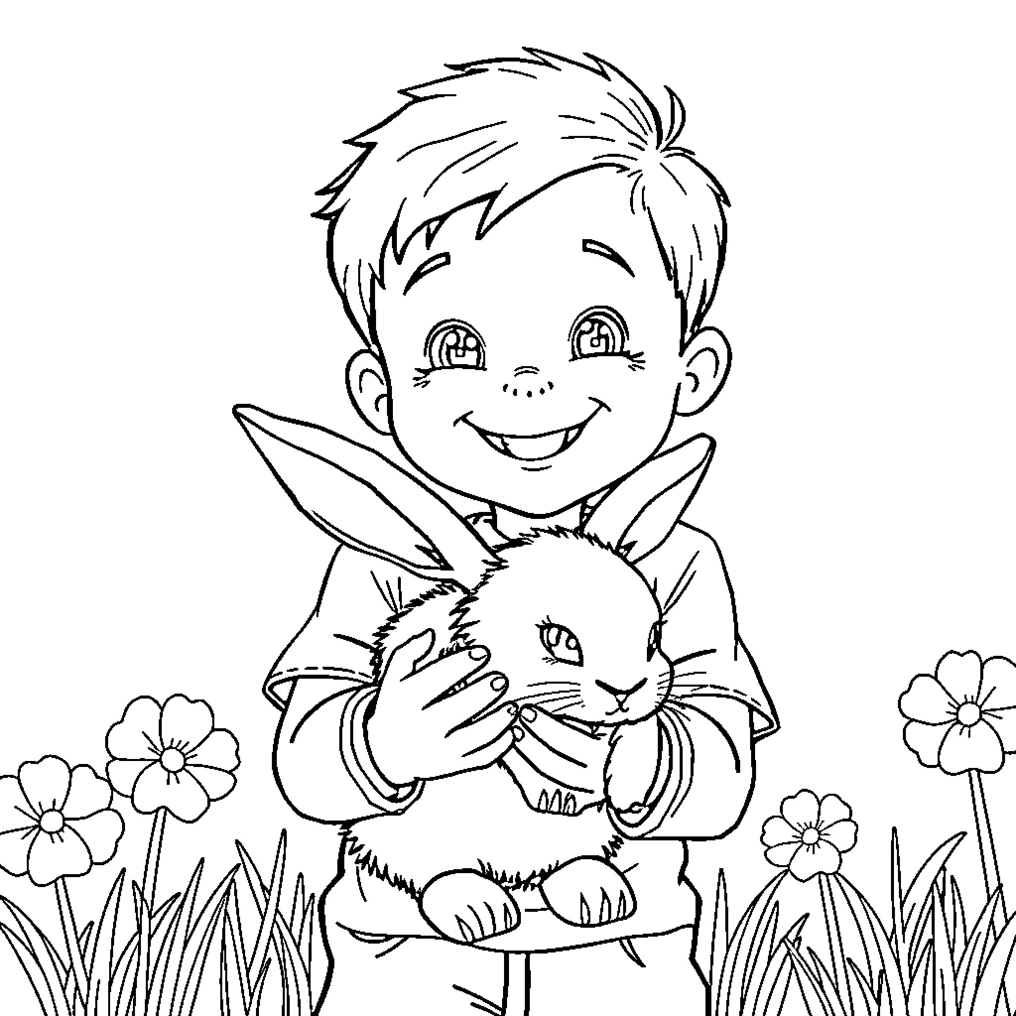 Boy happily holding and petting a rabbit in a garden Coloring Page (free black-and-white line drawing printable PDF for all, from beginners to advanced learners, including children, teens, adults, and seniors)