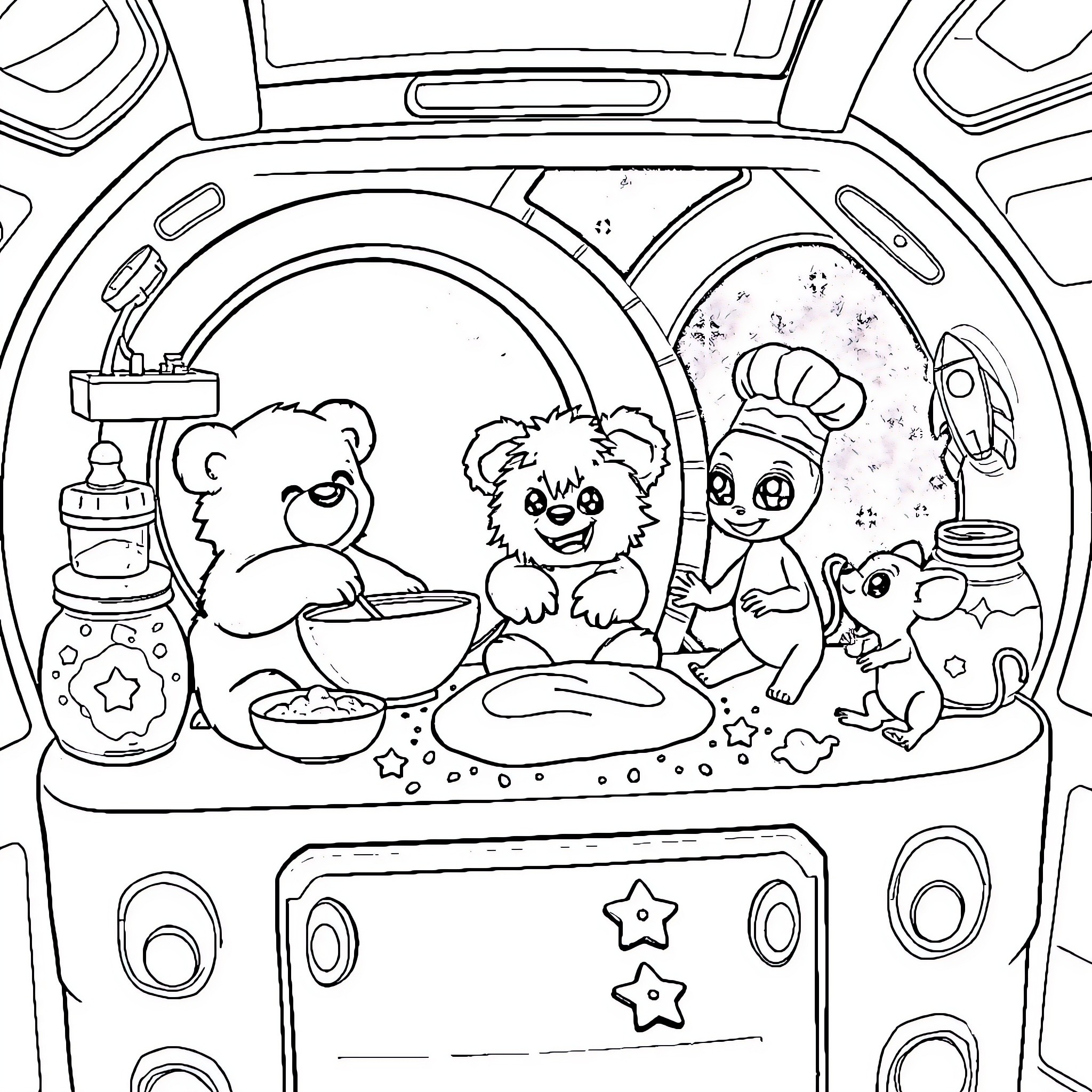 Alien Animal Chefs Cooking in Futuristic Kitchen Coloring Page (free black-and-white line drawing printable PDF for all, from beginners to advanced learners, including children, teens, adults, and seniors)