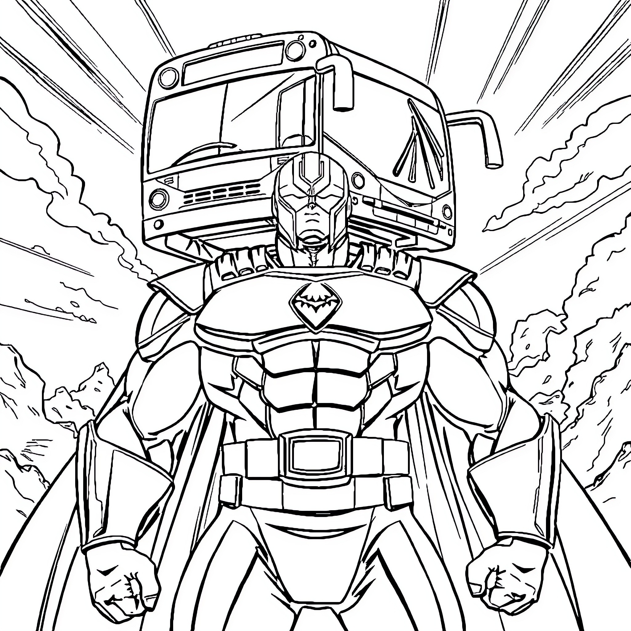 Superhero Commanding a Powerful Vehicle in Action Coloring Page (free black-and-white line drawing printable PDF for all, from beginners to advanced learners, including children, teens, adults, and seniors)