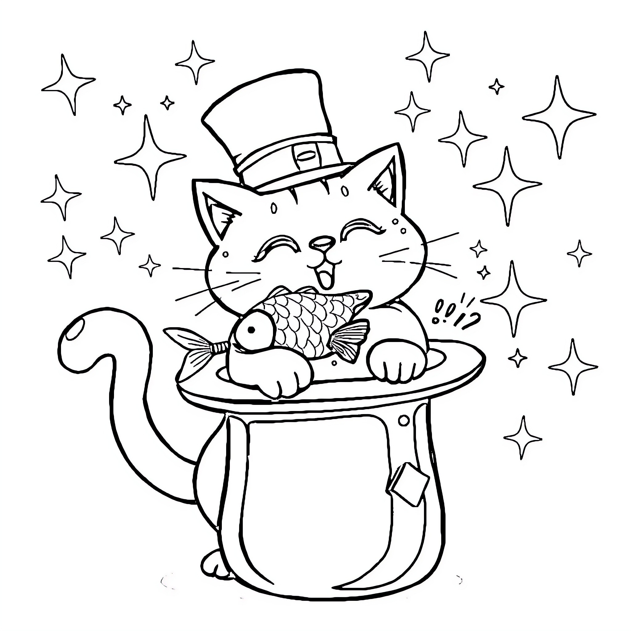 Cat magician performing with fish Coloring Page (free black-and-white line drawing printable PDF for all, from beginners to advanced learners, including children, teens, adults, and seniors)