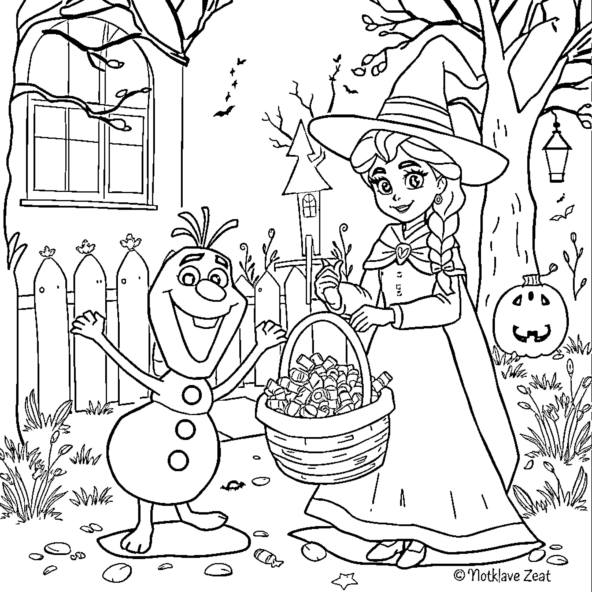 Anna's Festive Gathering with Olaf Coloring Page (free black-and-white line drawing printable PDF for all, from beginners to advanced learners, including children, teens, adults, and seniors)