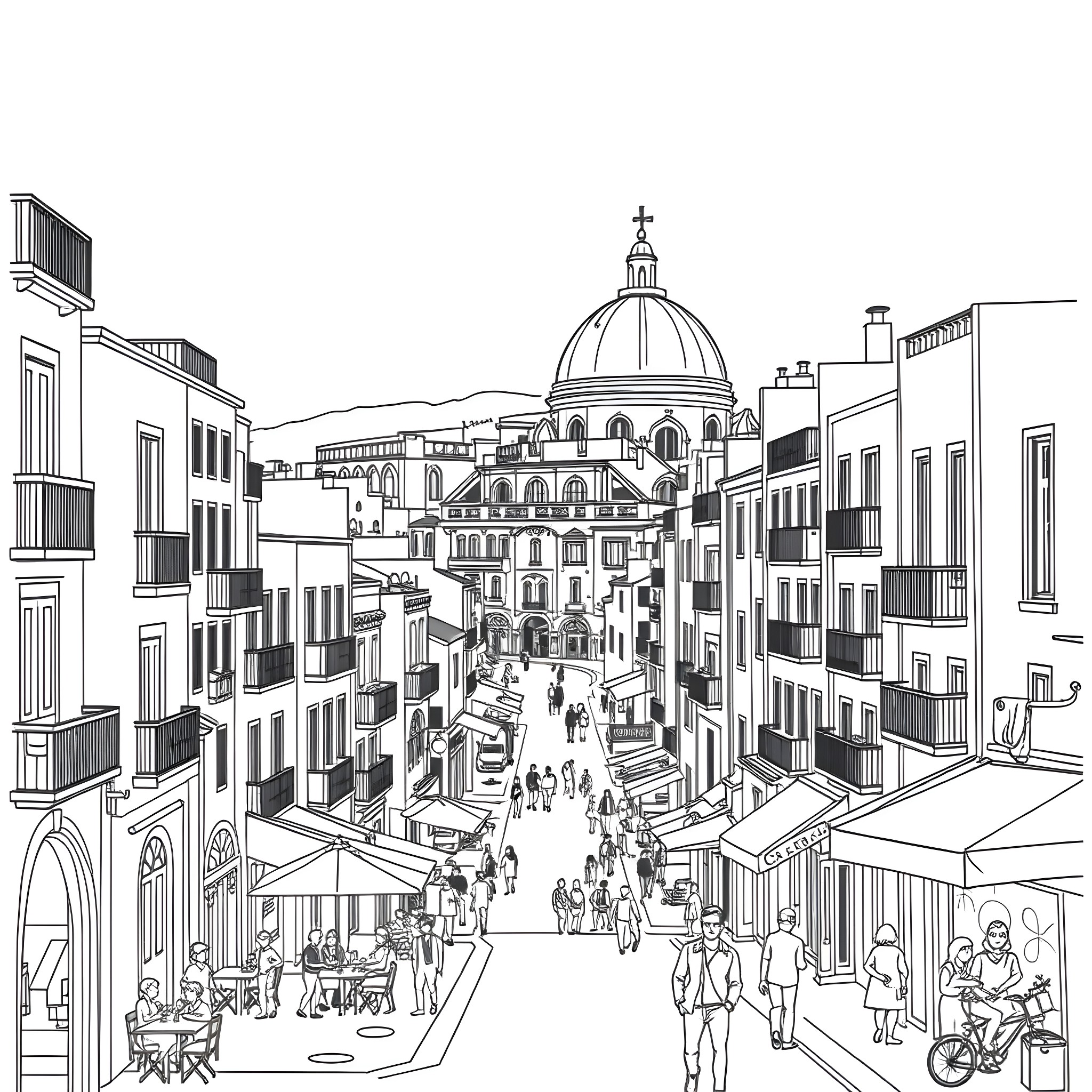 Velaris: Bustling Streets of a Vibrant City Coloring Page (free black-and-white line drawing printable PDF for all, from beginners to advanced learners, including children, teens, adults, and seniors)