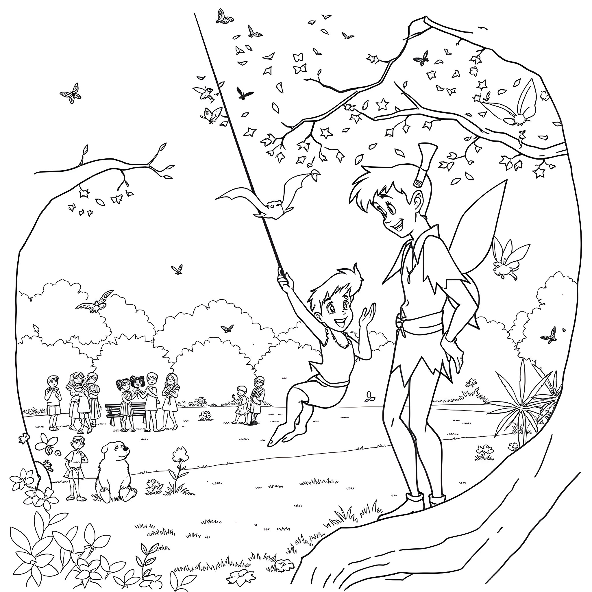 Peter Pan and Wendy exploring the Neverland wonderland Coloring Page (free black-and-white line drawing printable PDF for all, from beginners to advanced learners, including children, teens, adults, and seniors)