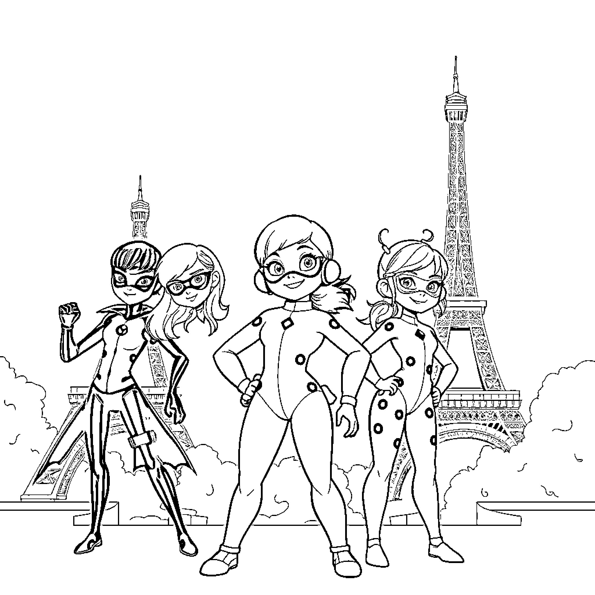 Ladybug and friends explore Paris in superhero outfits Coloring Page (free black-and-white line drawing printable PDF for all, from beginners to advanced learners, including children, teens, adults, and seniors)