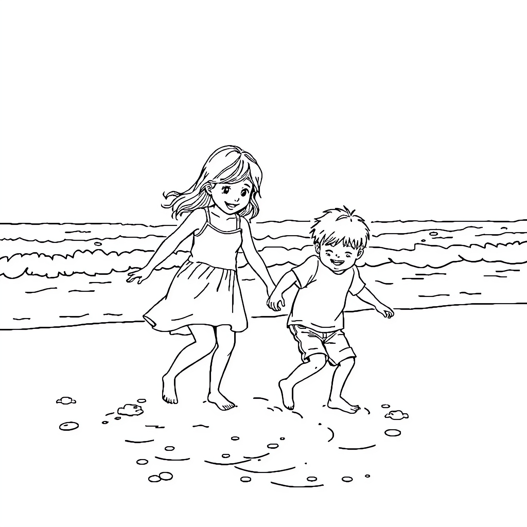 Girl and Boy Playing at the Beach Coloring Page (free black-and-white line drawing printable PDF for all, from beginners to advanced learners, including children, teens, adults, and seniors)