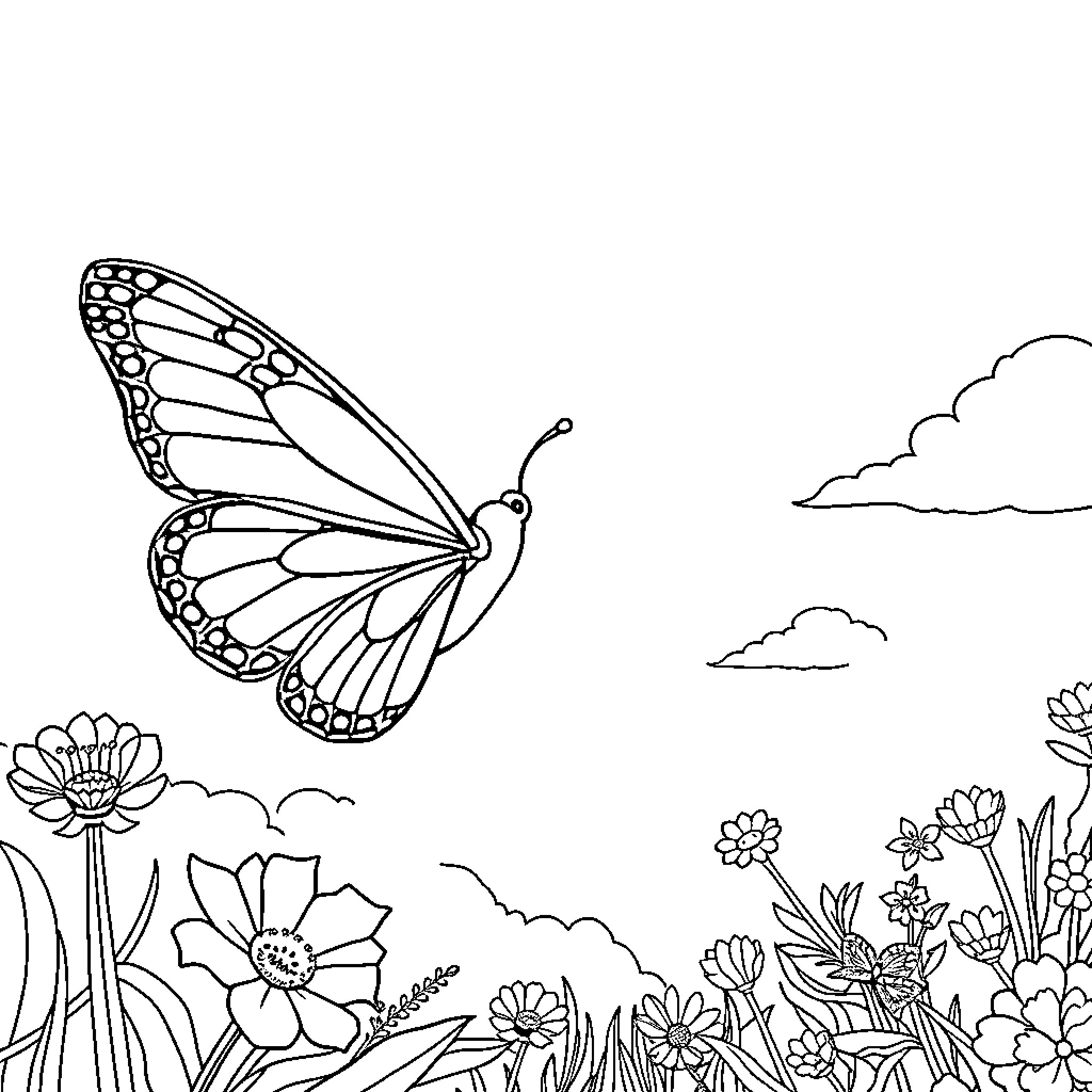 Butterfly flying amidst flowers and clouds Coloring Page (free black-and-white line drawing printable PDF for all, from beginners to advanced learners, including children, teens, adults, and seniors)