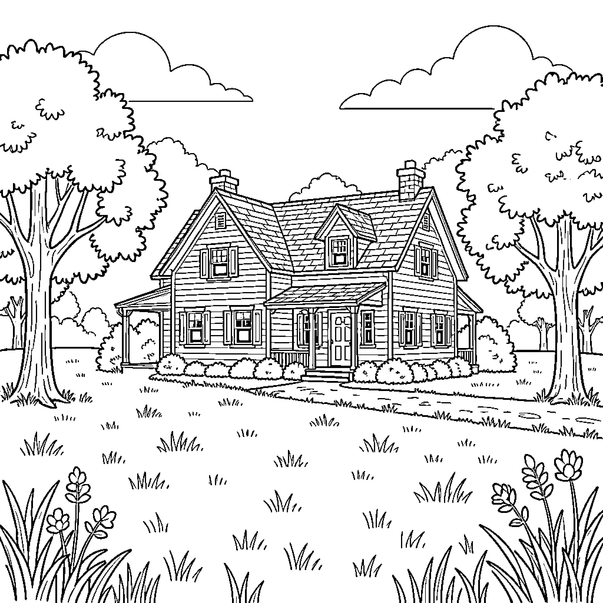 Country House standing amidst lush trees and garden Coloring Page (free black-and-white line drawing printable PDF for all, from beginners to advanced learners, including children, teens, adults, and seniors)