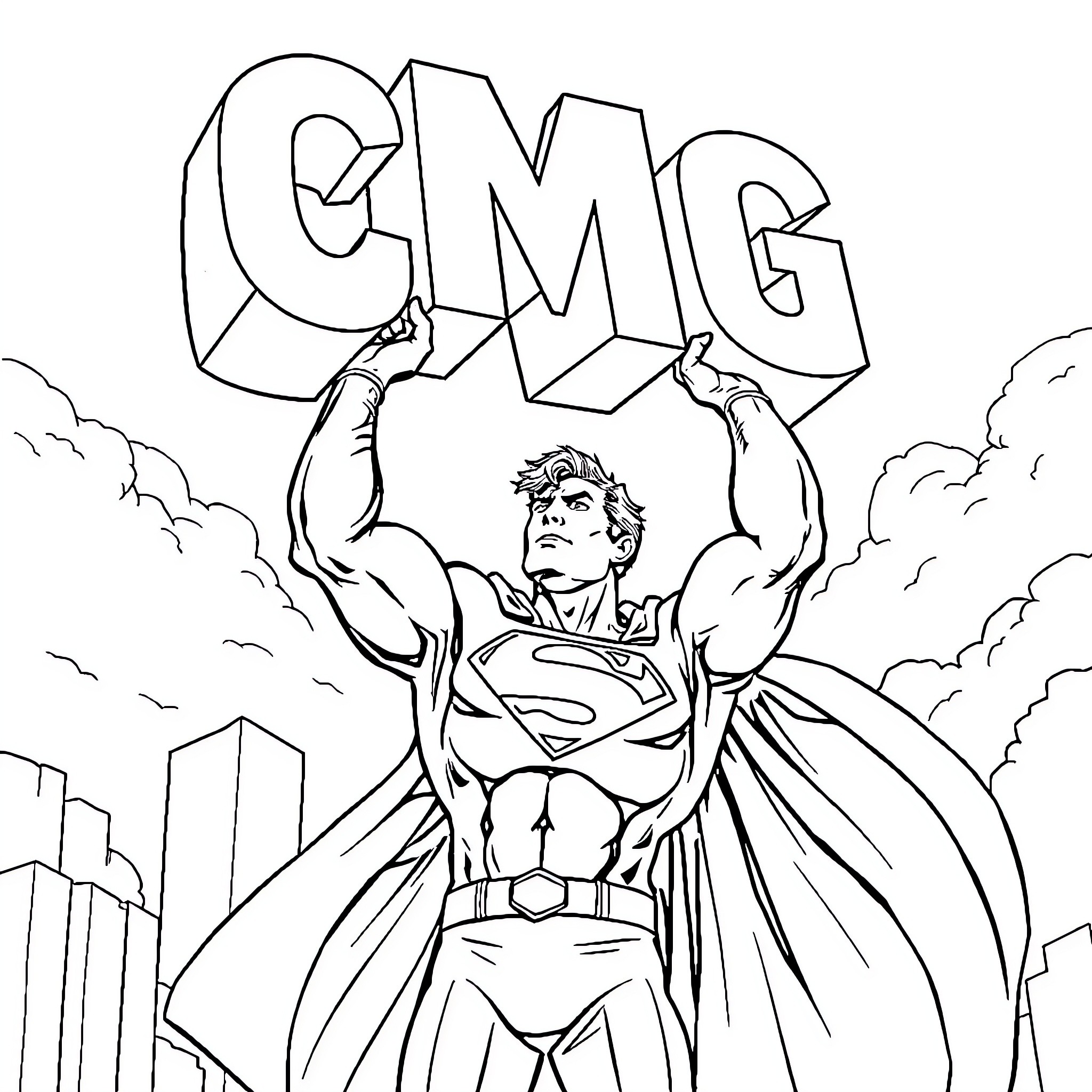 Superman lifting the CMG logo above the city Coloring Page (free black-and-white line drawing printable PDF for all, from beginners to advanced learners, including children, teens, adults, and seniors)