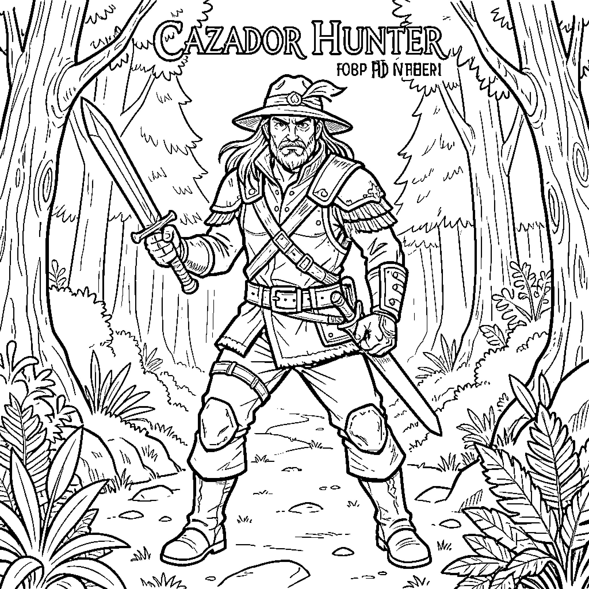Monster Hunter Wielding Weapons in the Wilderness Coloring Page (free black-and-white line drawing printable PDF for all, from beginners to advanced learners, including children, teens, adults, and seniors)