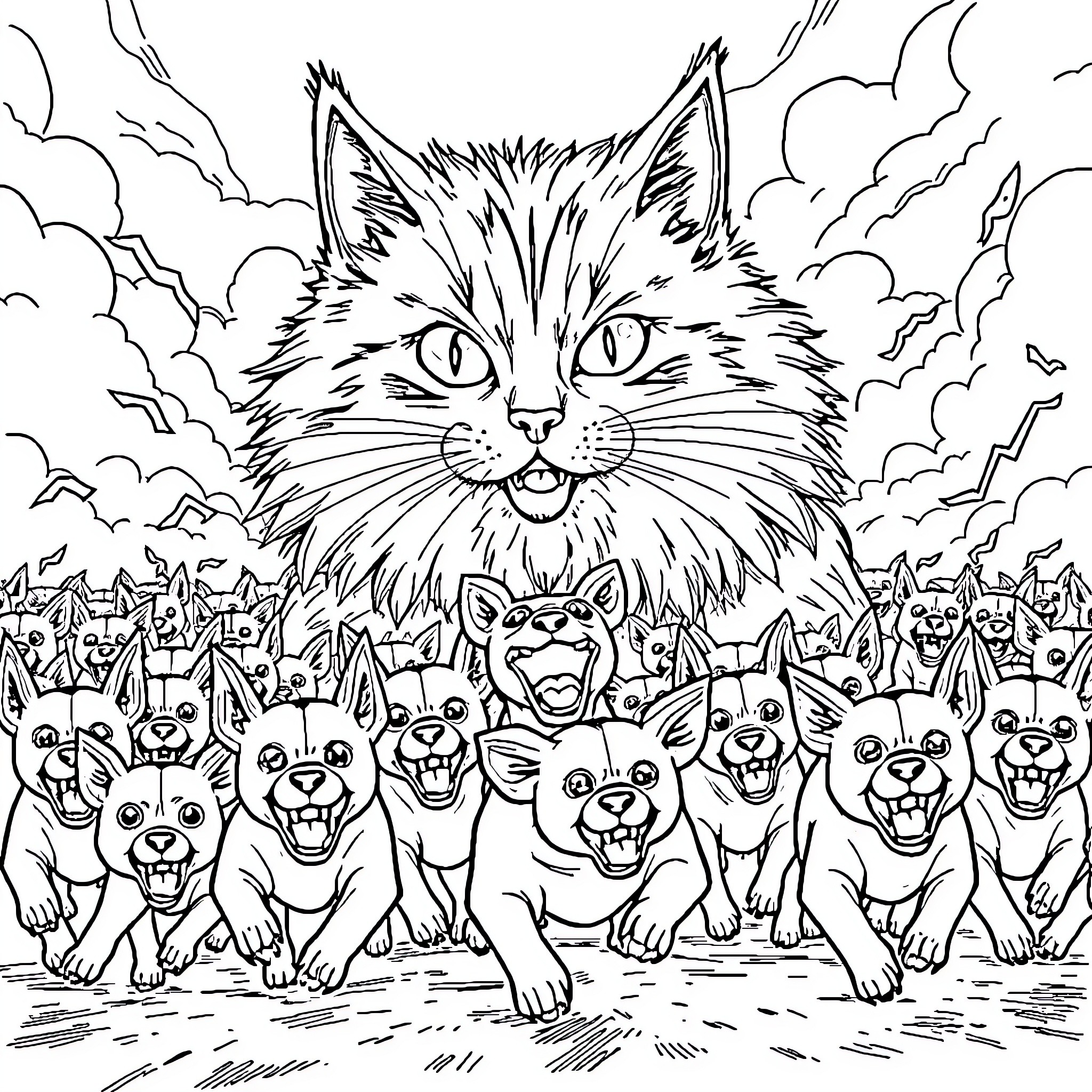 Cat leading pack of playful dogs Coloring Page (free black-and-white line drawing printable PDF for all, from beginners to advanced learners, including children, teens, adults, and seniors)