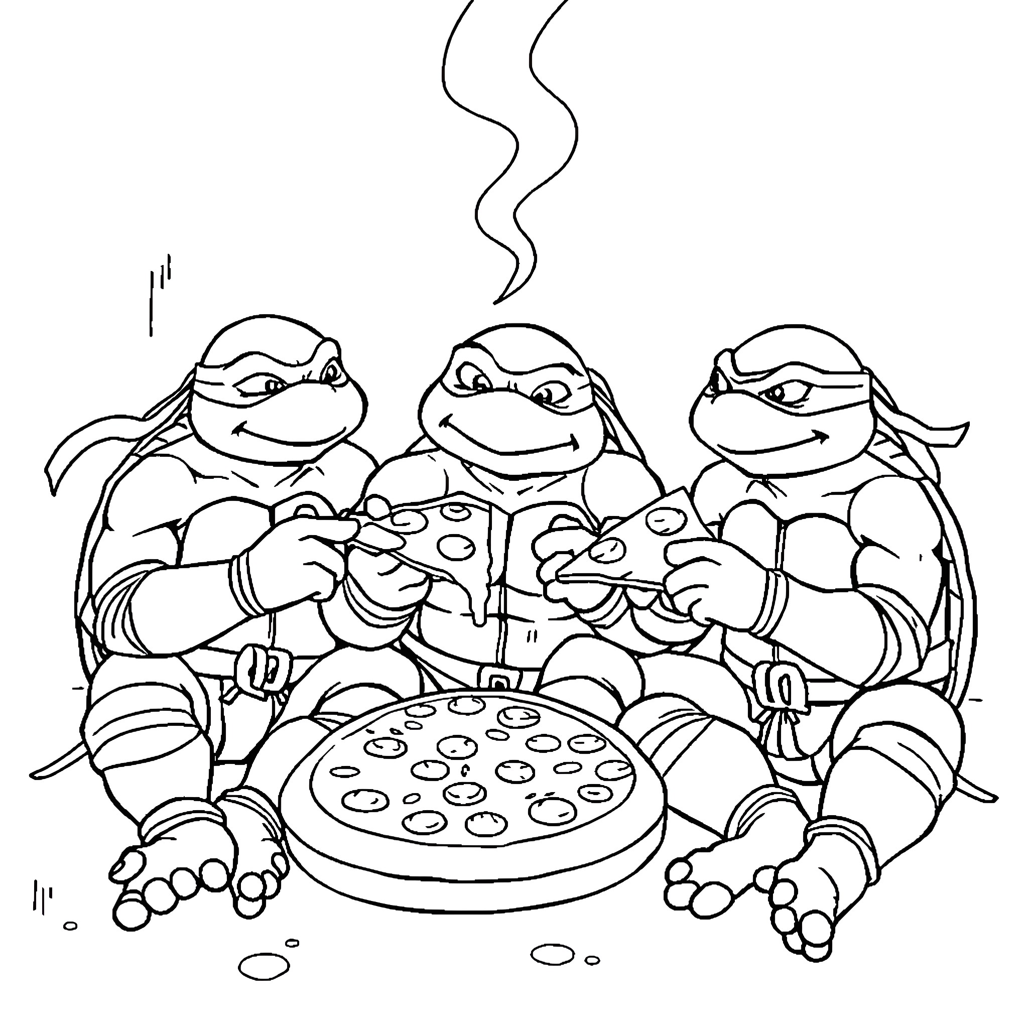 Ninja Turtles enjoying a hot pizza together Coloring Page (free black-and-white line drawing printable PDF for all, from beginners to advanced learners, including children, teens, adults, and seniors)