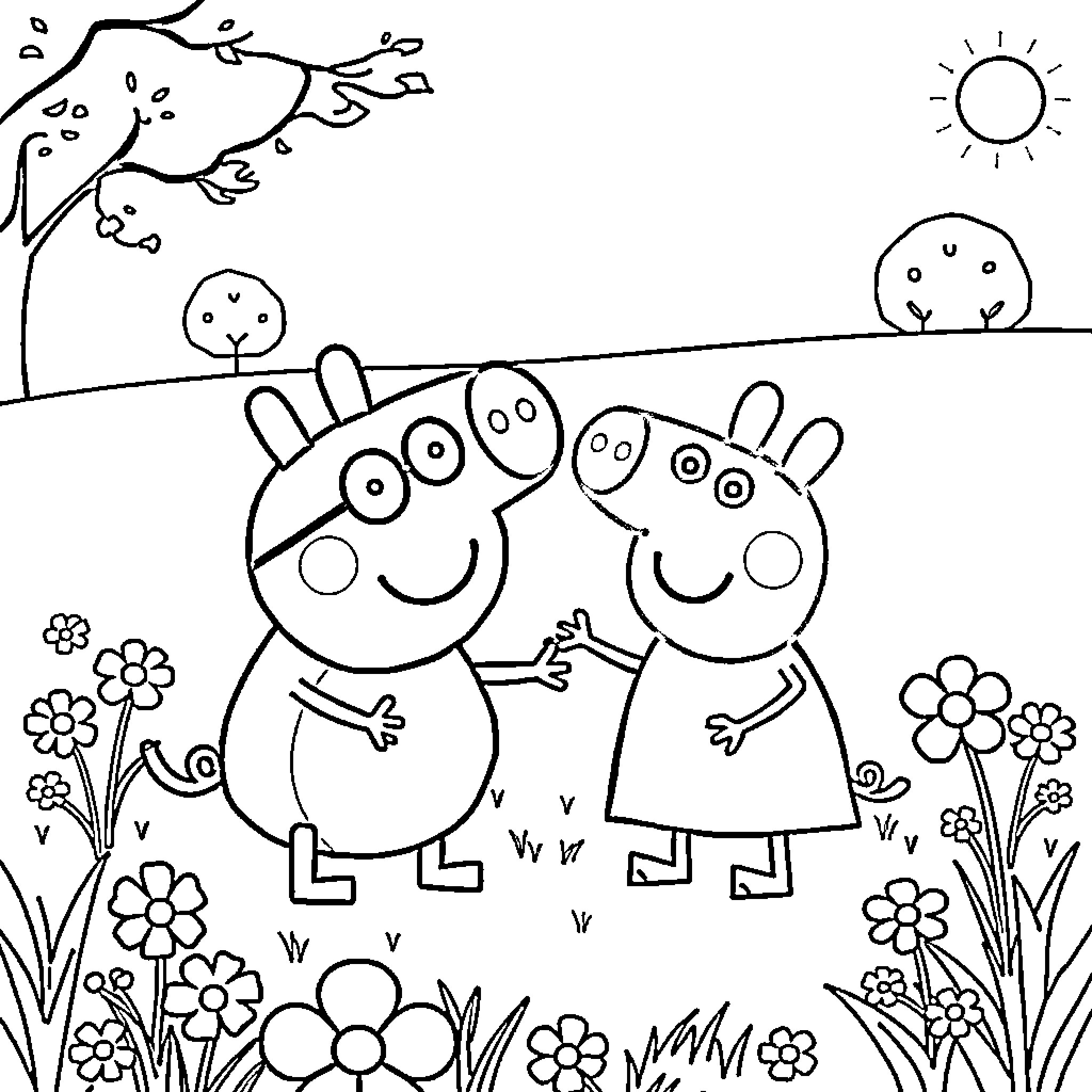 Bluey and Peppa in the Flowery Garden Coloring Page (free black-and-white line drawing printable PDF for all, from beginners to advanced learners, including children, teens, adults, and seniors)