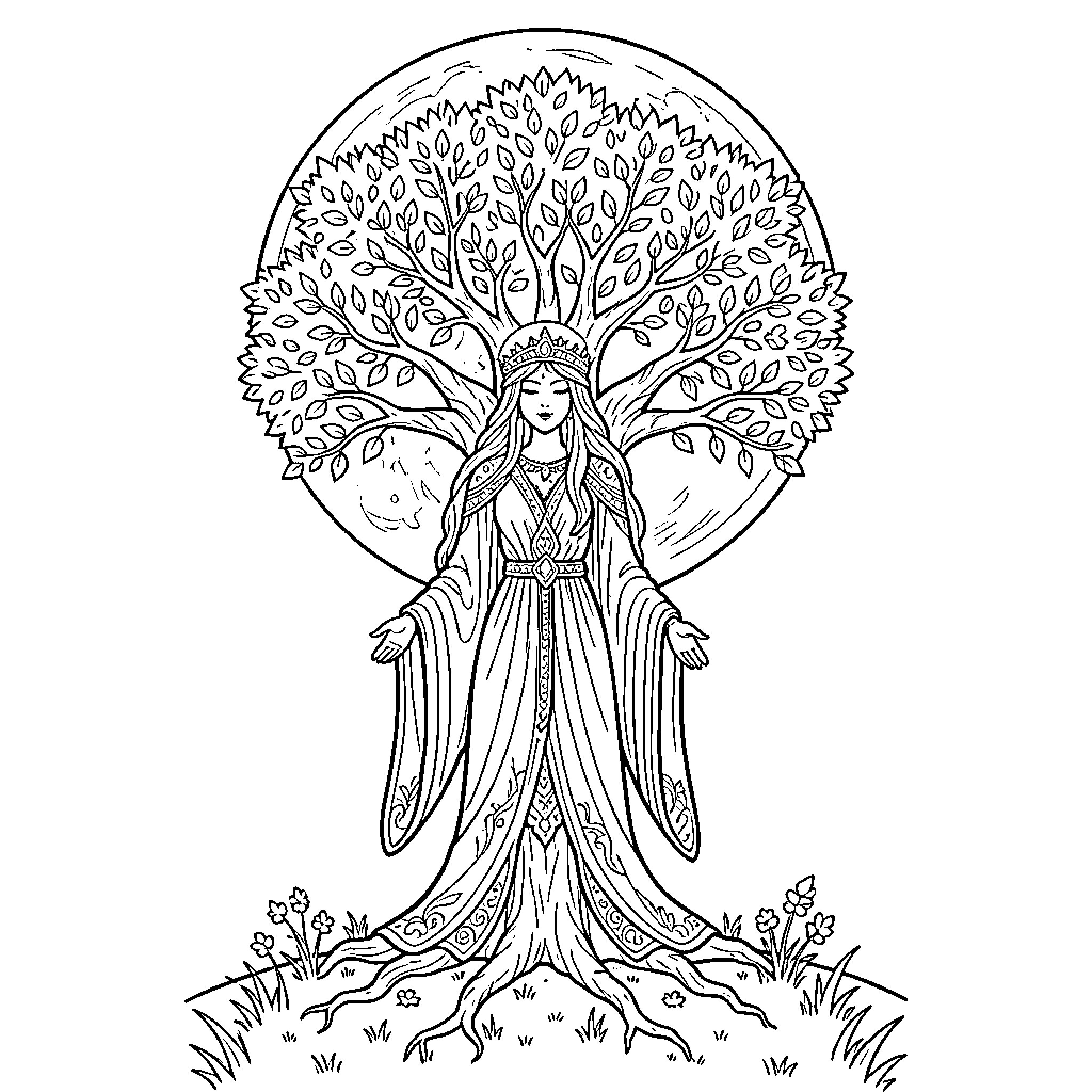 Goddess standing gracefully before a majestic spreading tree Coloring Page (free black-and-white line drawing printable PDF for all, from beginners to advanced learners, including children, teens, adults, and seniors)