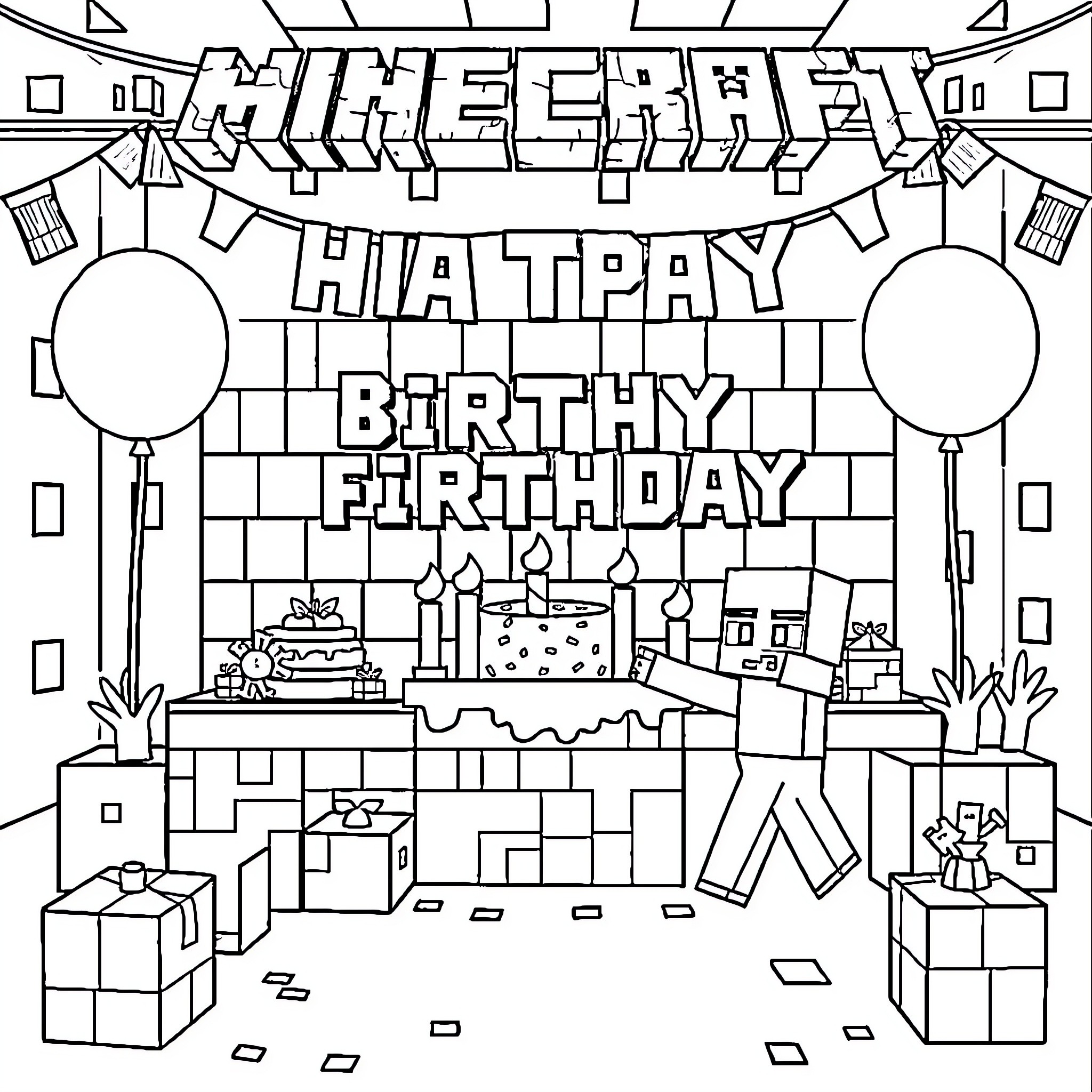Minecraft-themed Happy Birthday Party Coloring Page (free black-and-white line drawing printable PDF for all, from beginners to advanced learners, including children, teens, adults, and seniors)