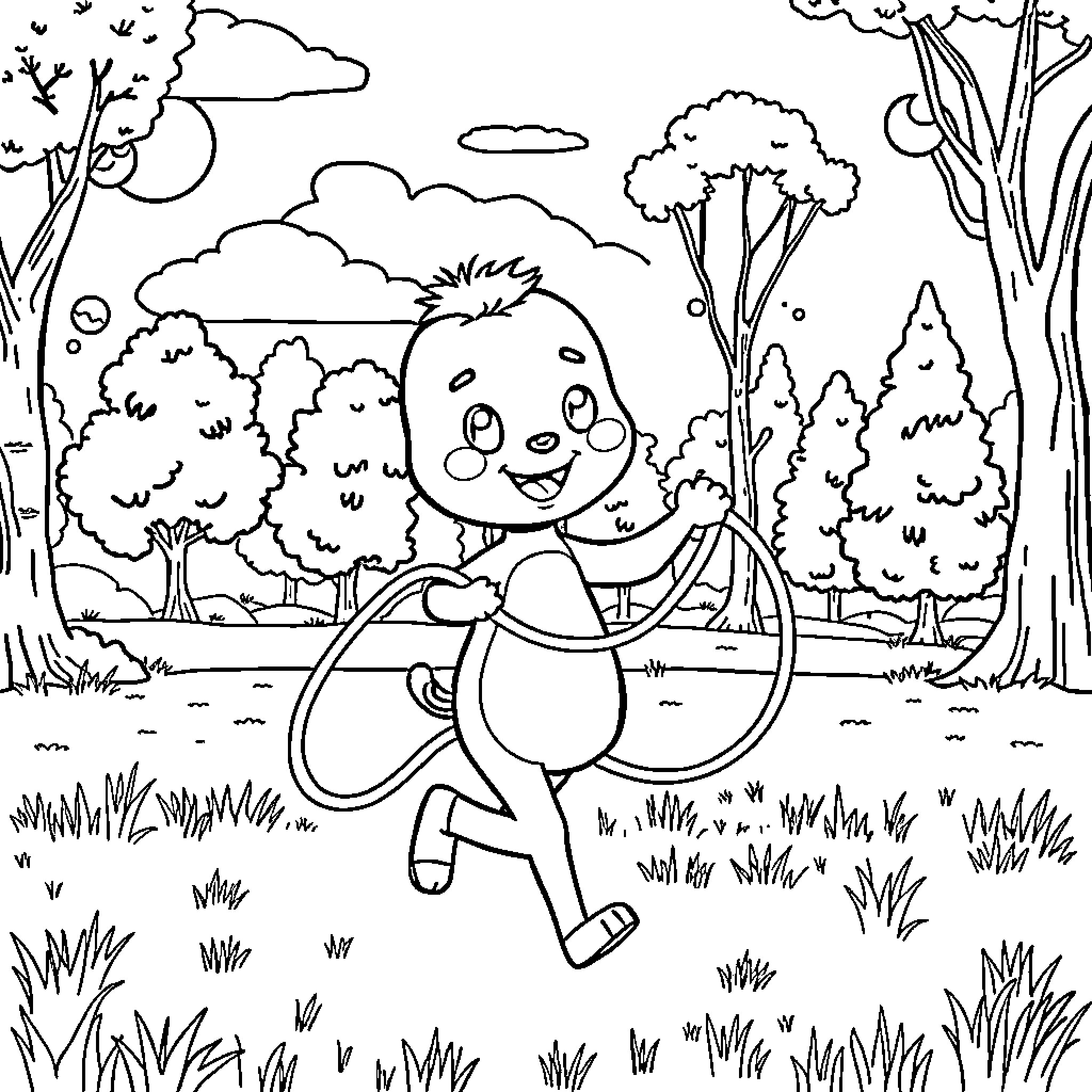 Labubu joyfully running through the forest Coloring Page (free black-and-white line drawing printable PDF for all, from beginners to advanced learners, including children, teens, adults, and seniors)