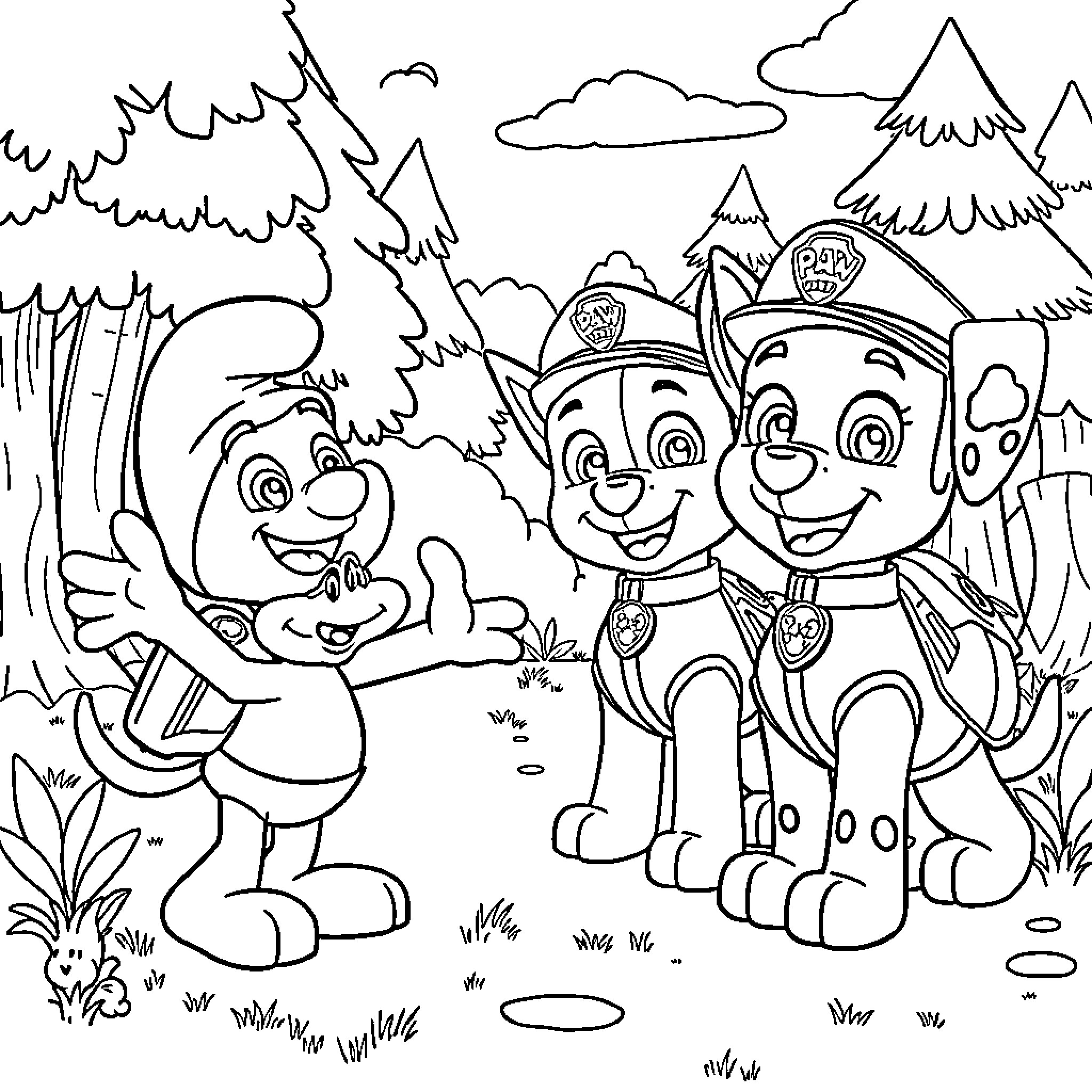 Paw Patrol characters exploring the forest Coloring Page (free black-and-white line drawing printable PDF for all, from beginners to advanced learners, including children, teens, adults, and seniors)