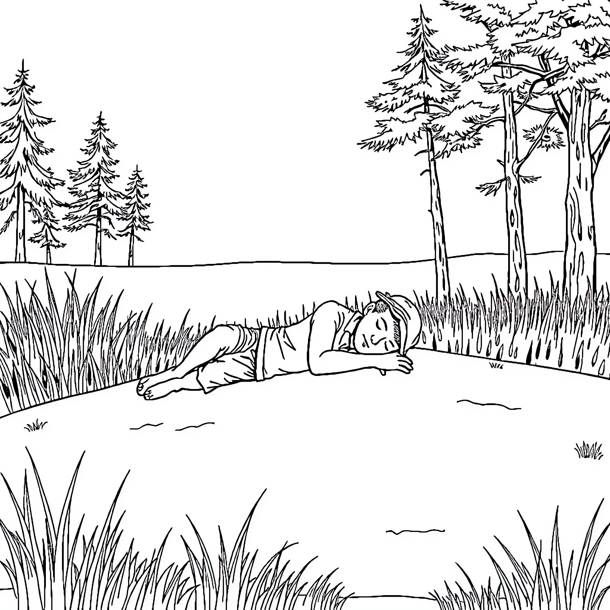Golfer relaxing in nature's serene landscape Coloring Page (free black-and-white line drawing printable PDF for all, from beginners to advanced learners, including children, teens, adults, and seniors)