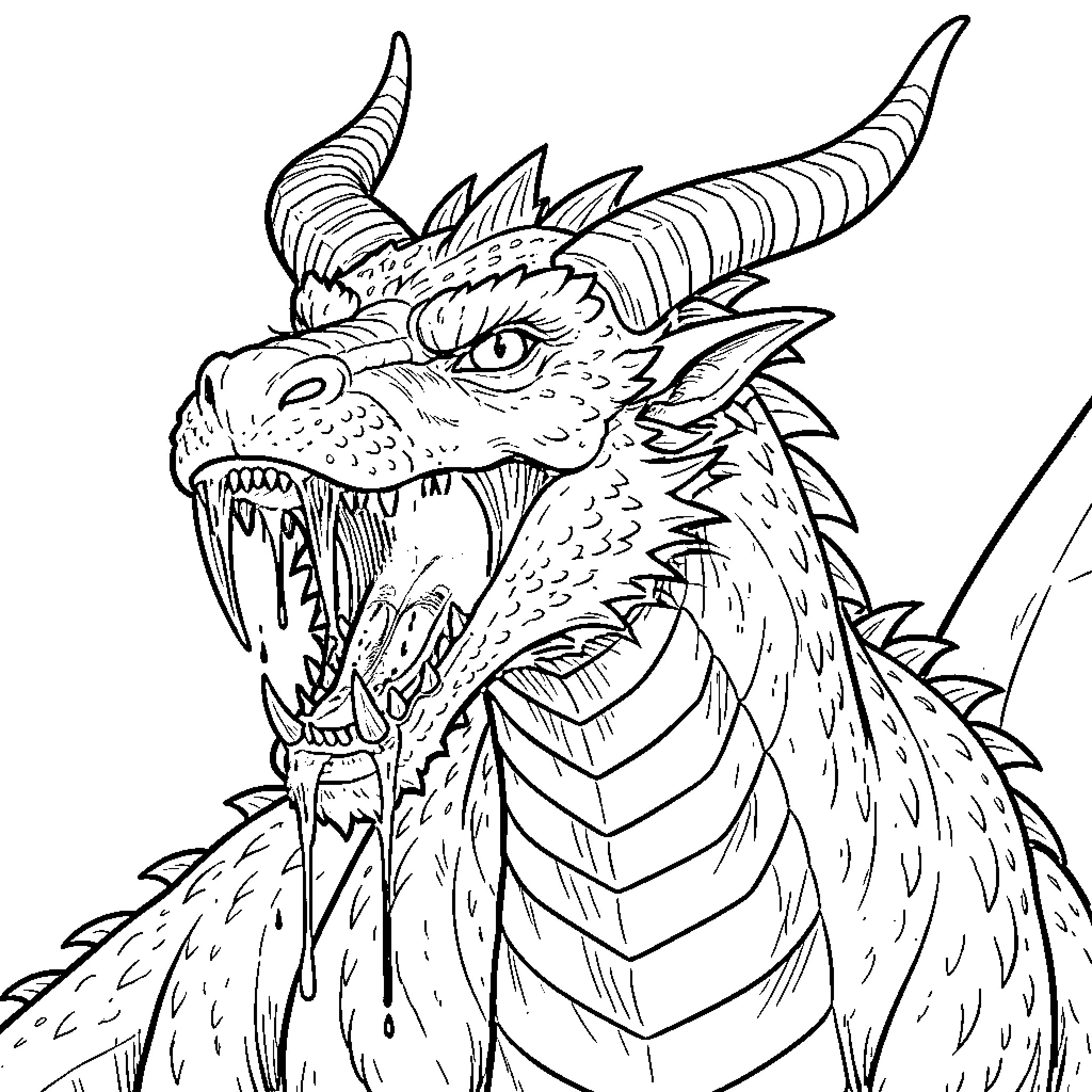 Dragon with Fierce Expression and Sharp Teeth Coloring Page (free black-and-white line drawing printable PDF for all, from beginners to advanced learners, including children, teens, adults, and seniors)