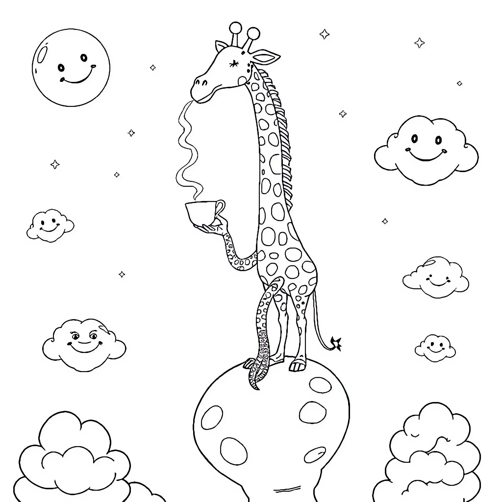Giraffe enjoying a cup of tea on the moon Coloring Page (free black-and-white line drawing printable PDF for all, from beginners to advanced learners, including children, teens, adults, and seniors)
