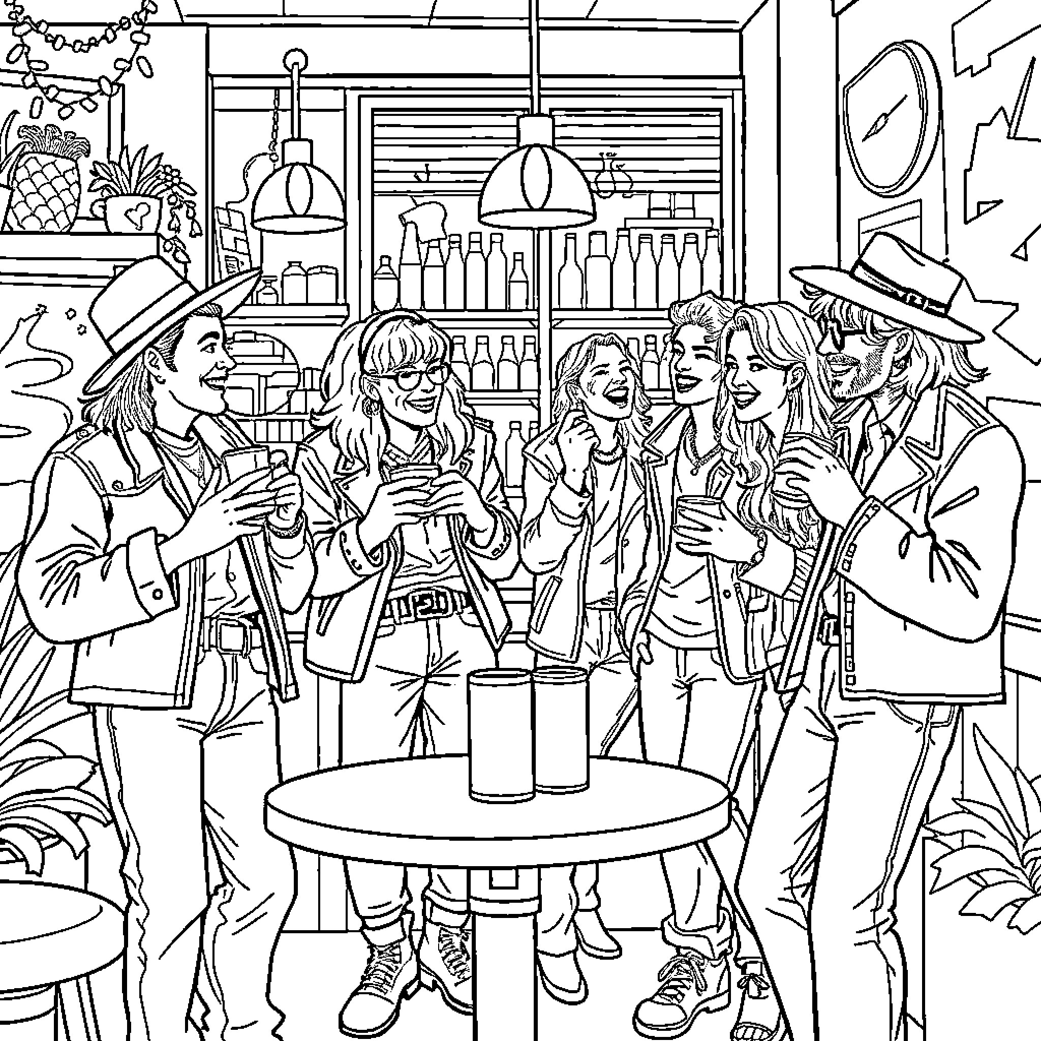 Musician friends chatting and enjoying drinks at a bar Coloring Page (free black-and-white line drawing printable PDF for all, from beginners to advanced learners, including children, teens, adults, and seniors)