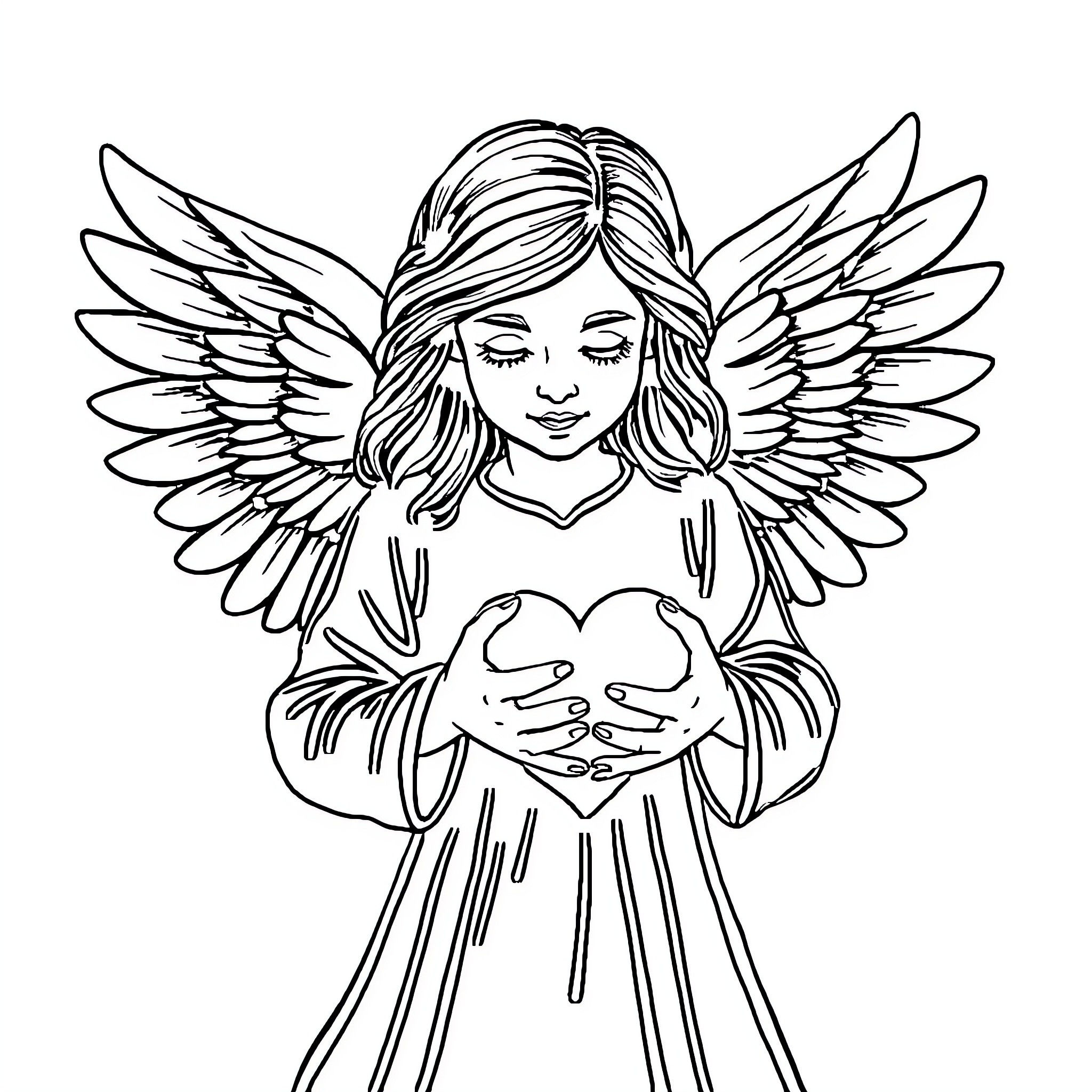 Angel praying with outstretched wings Coloring Page (free black-and-white line drawing printable PDF for all, from beginners to advanced learners, including children, teens, adults, and seniors)