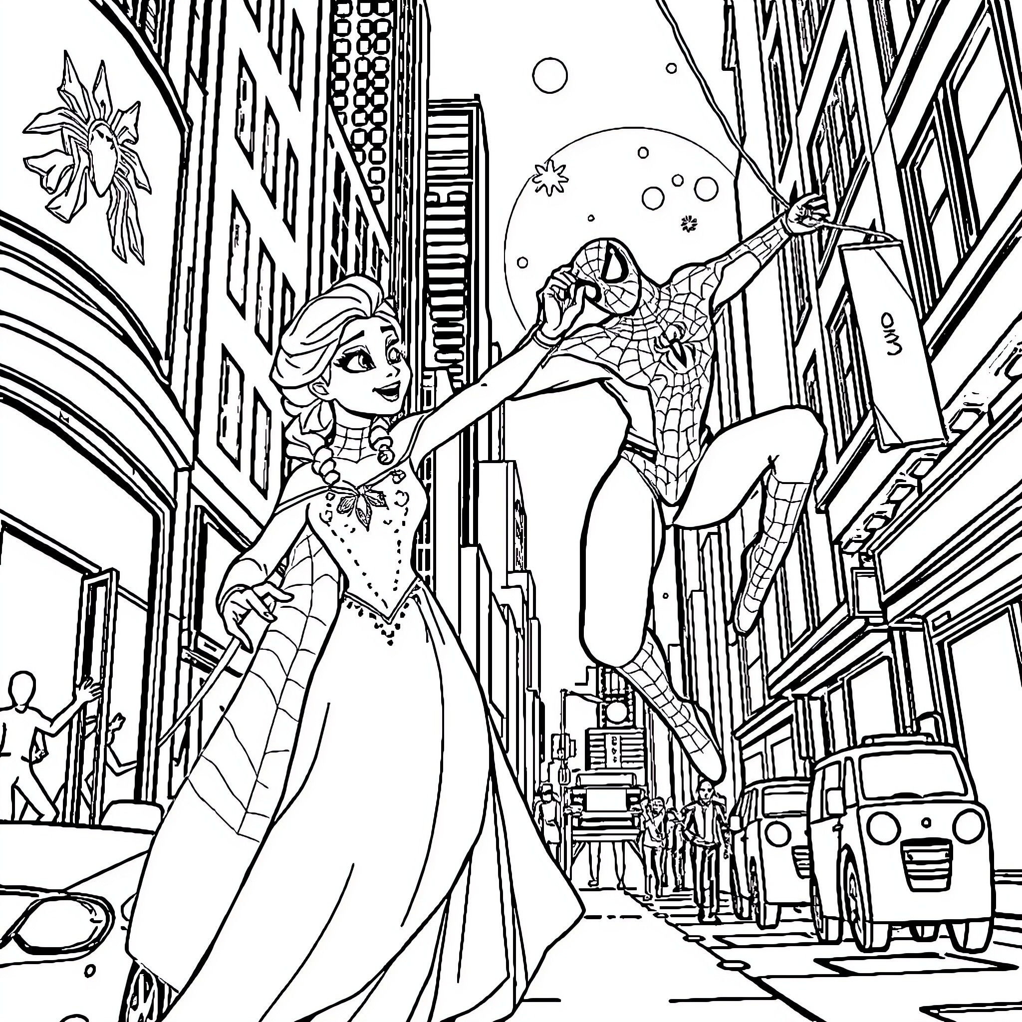 Spider-Man Swinging Through Cityscape with Superhero Costume Coloring Page (free black-and-white line drawing printable PDF for all, from beginners to advanced learners, including children, teens, adults, and seniors)