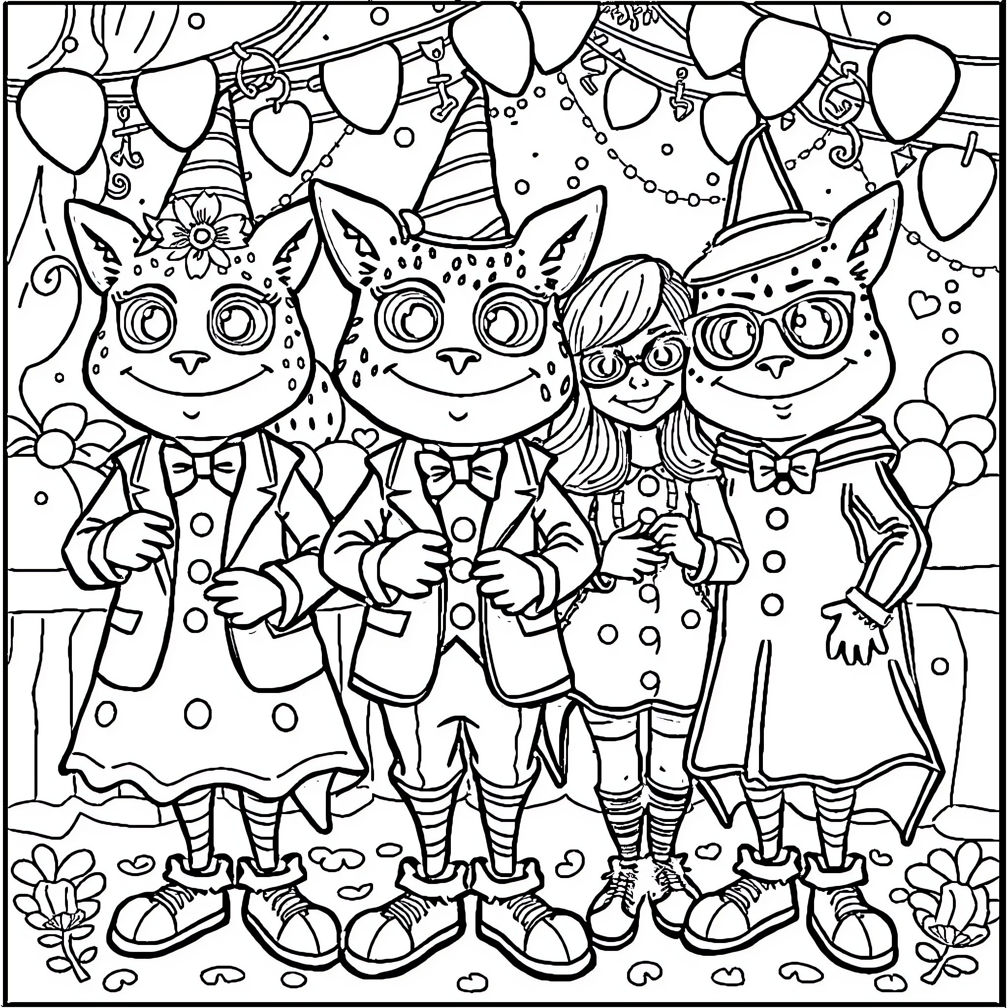 Cazafantasmas: Costumed friends at a festive celebration Coloring Page (free black-and-white line drawing printable PDF for all, from beginners to advanced learners, including children, teens, adults, and seniors)