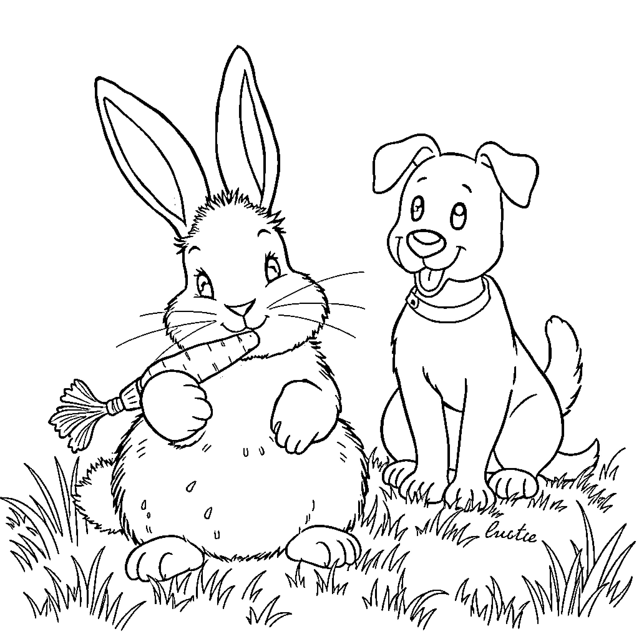 Rabbit and dog enjoying the outdoors Coloring Page (free black-and-white line drawing printable PDF for all, from beginners to advanced learners, including children, teens, adults, and seniors)