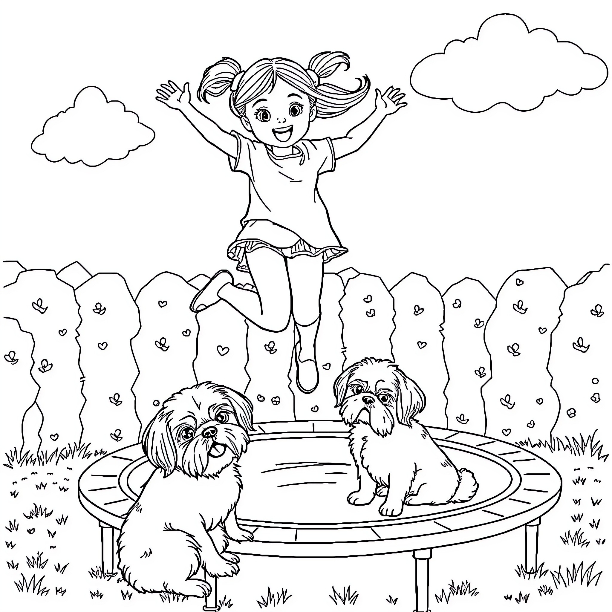 Girl Joyfully Jumping with Pet Dogs in the Yard Coloring Page (free black-and-white line drawing printable PDF for all, from beginners to advanced learners, including children, teens, adults, and seniors)