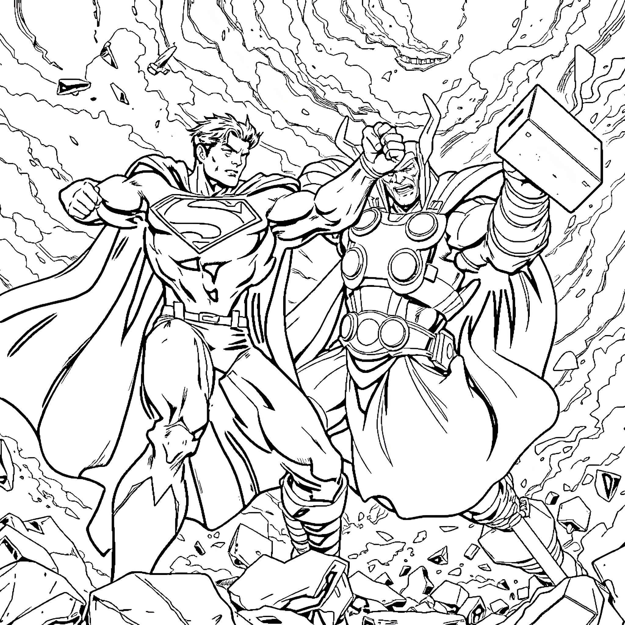 Superman and Thor in an epic battle Coloring Page (free black-and-white line drawing printable PDF for all, from beginners to advanced learners, including children, teens, adults, and seniors)