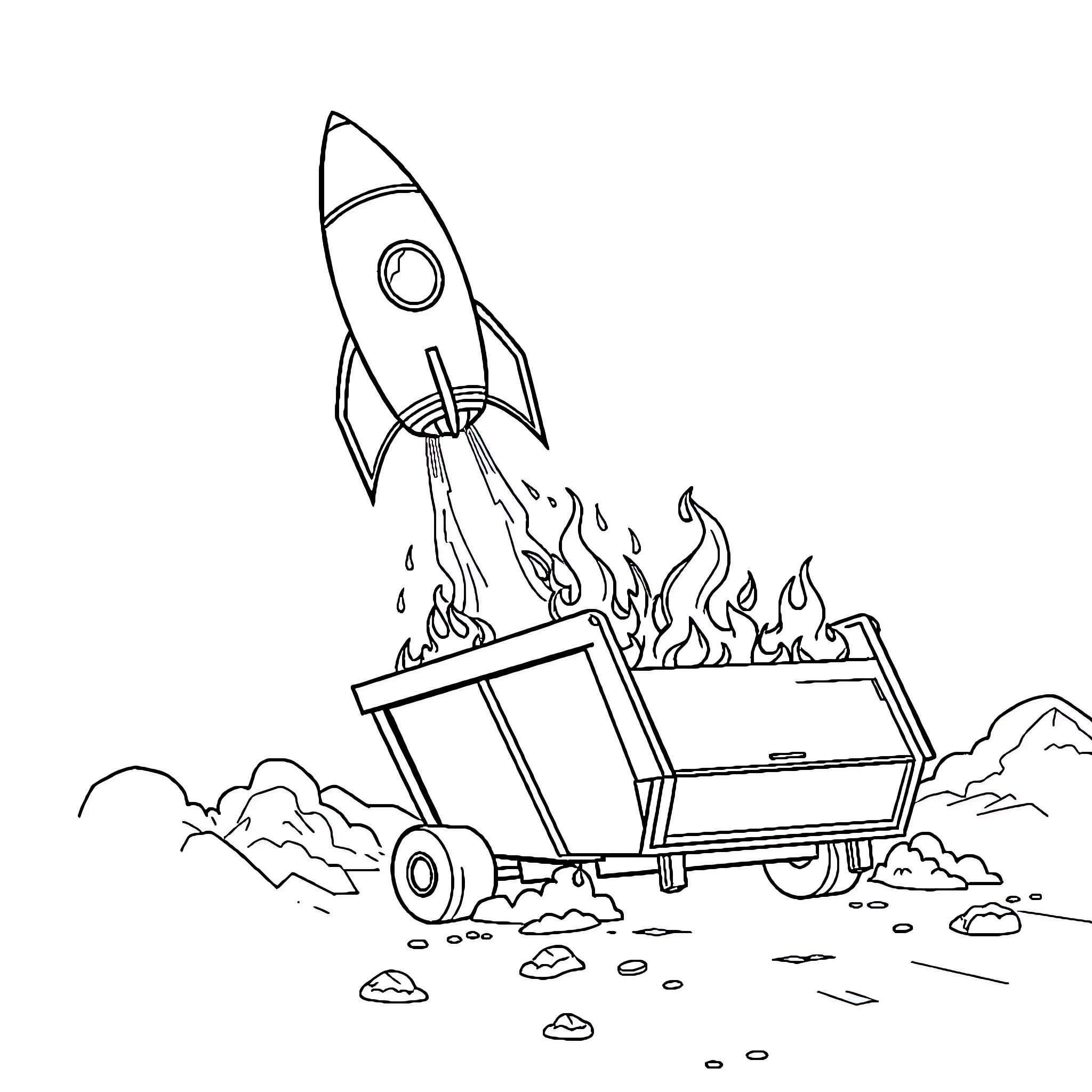 Rocket Launch with Cargo Transport Coloring Page (free black-and-white line drawing printable PDF for all, from beginners to advanced learners, including children, teens, adults, and seniors)