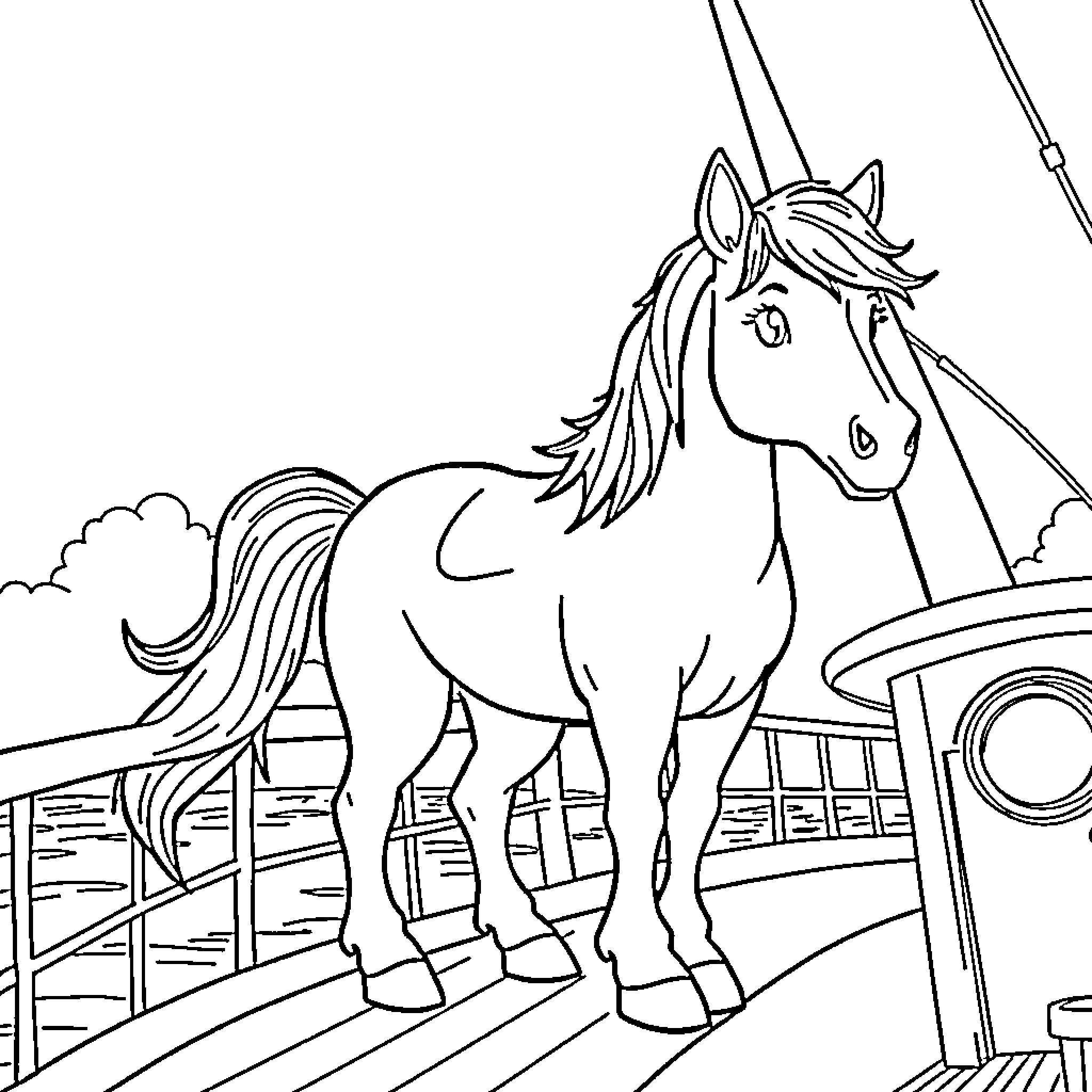 Pony standing proudly on a wooden platform Coloring Page (free black-and-white line drawing printable PDF for all, from beginners to advanced learners, including children, teens, adults, and seniors)