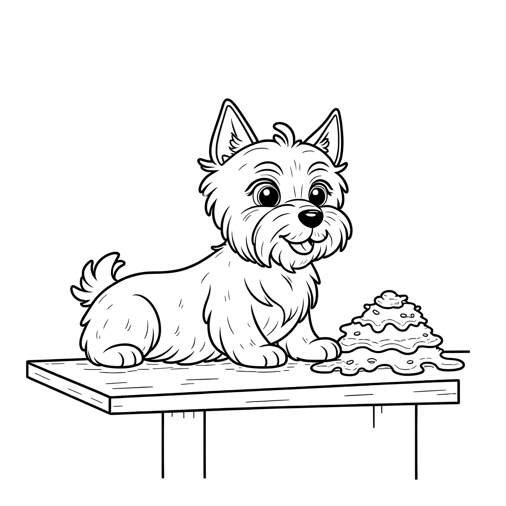 Yorkie puppy enjoying a treat on a table Coloring Page (free black-and-white line drawing printable PDF for all, from beginners to advanced learners, including children, teens, adults, and seniors)