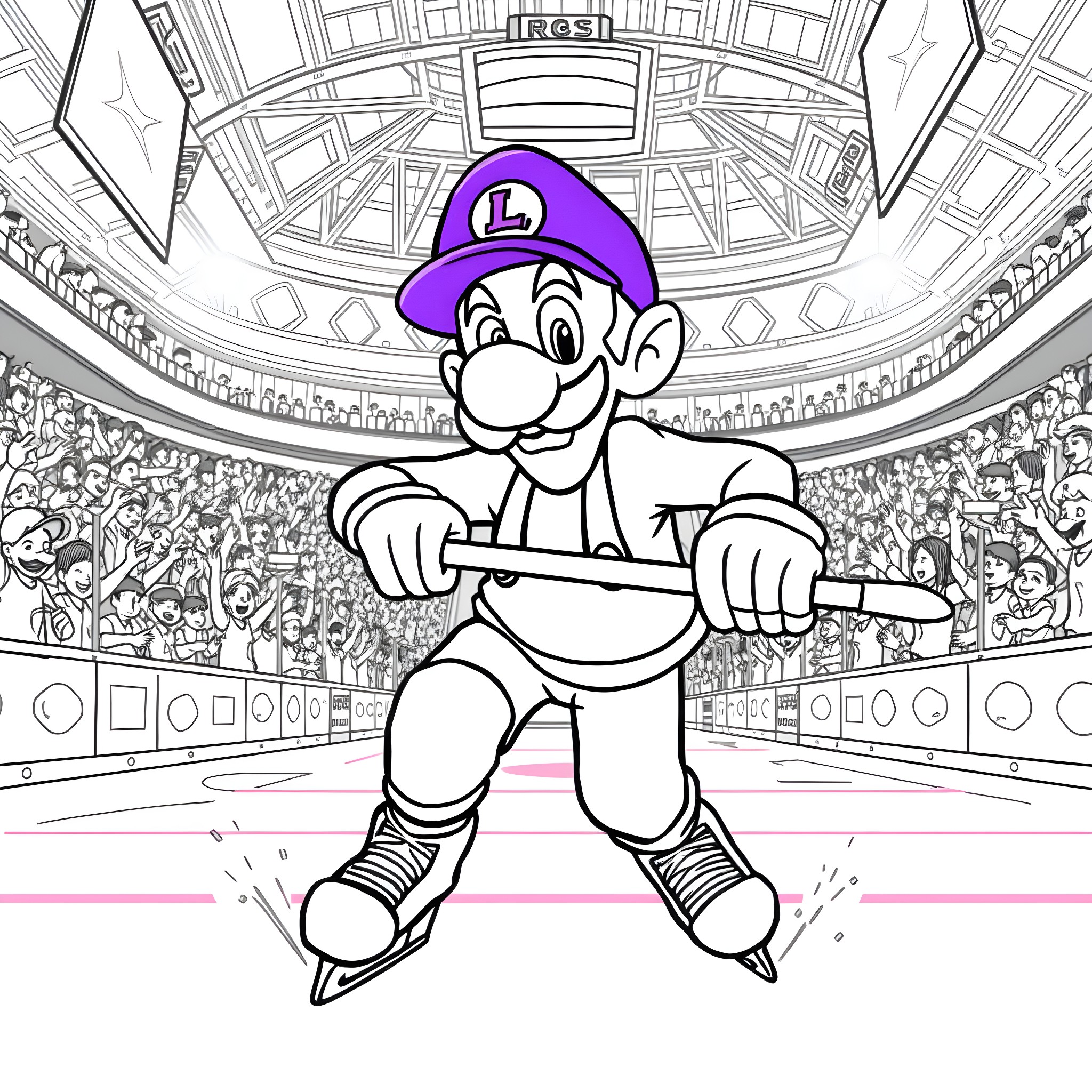 Waluigi's Theatrical Performance in the Arena Coloring Page (free black-and-white line drawing printable PDF for all, from beginners to advanced learners, including children, teens, adults, and seniors)