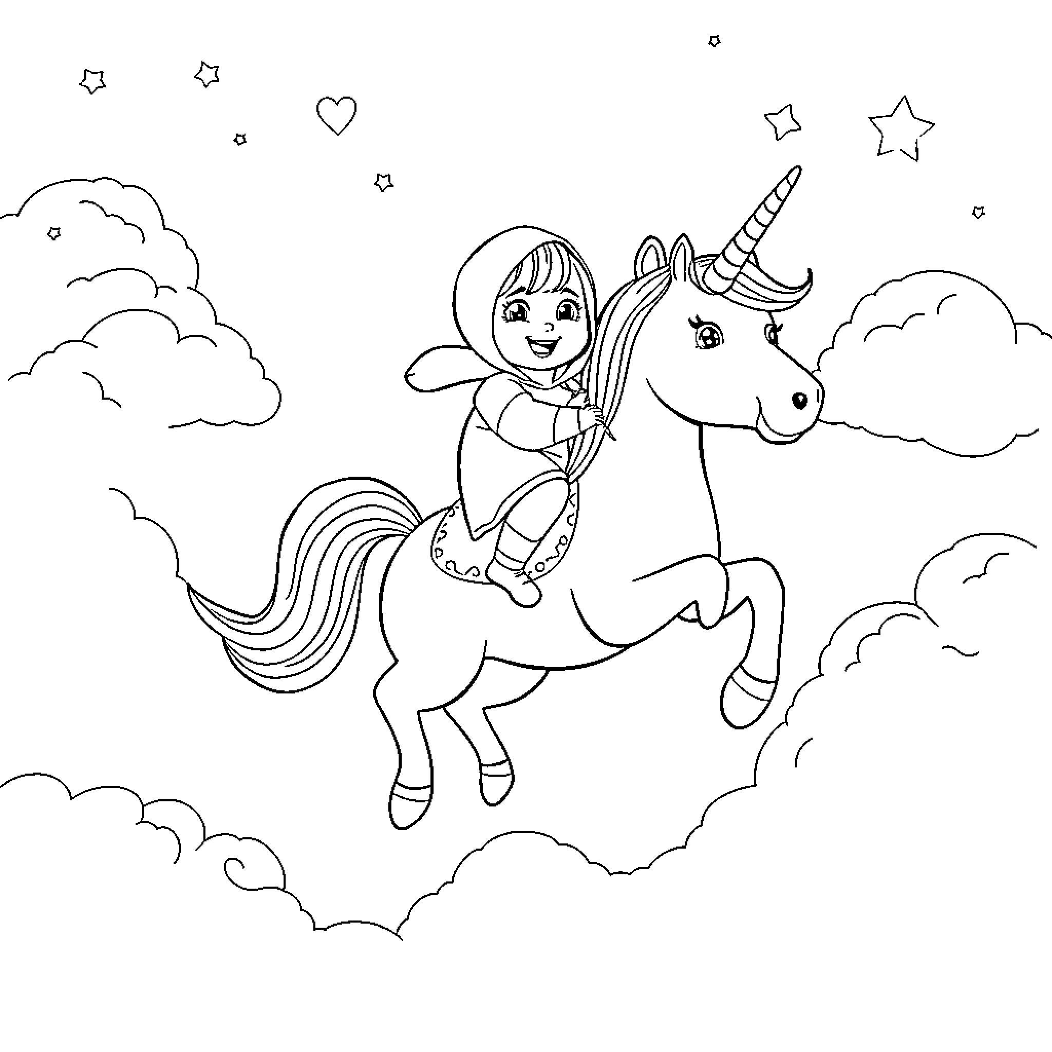 Masha riding a unicorn in the sky Coloring Page (free black-and-white line drawing printable PDF for all, from beginners to advanced learners, including children, teens, adults, and seniors)