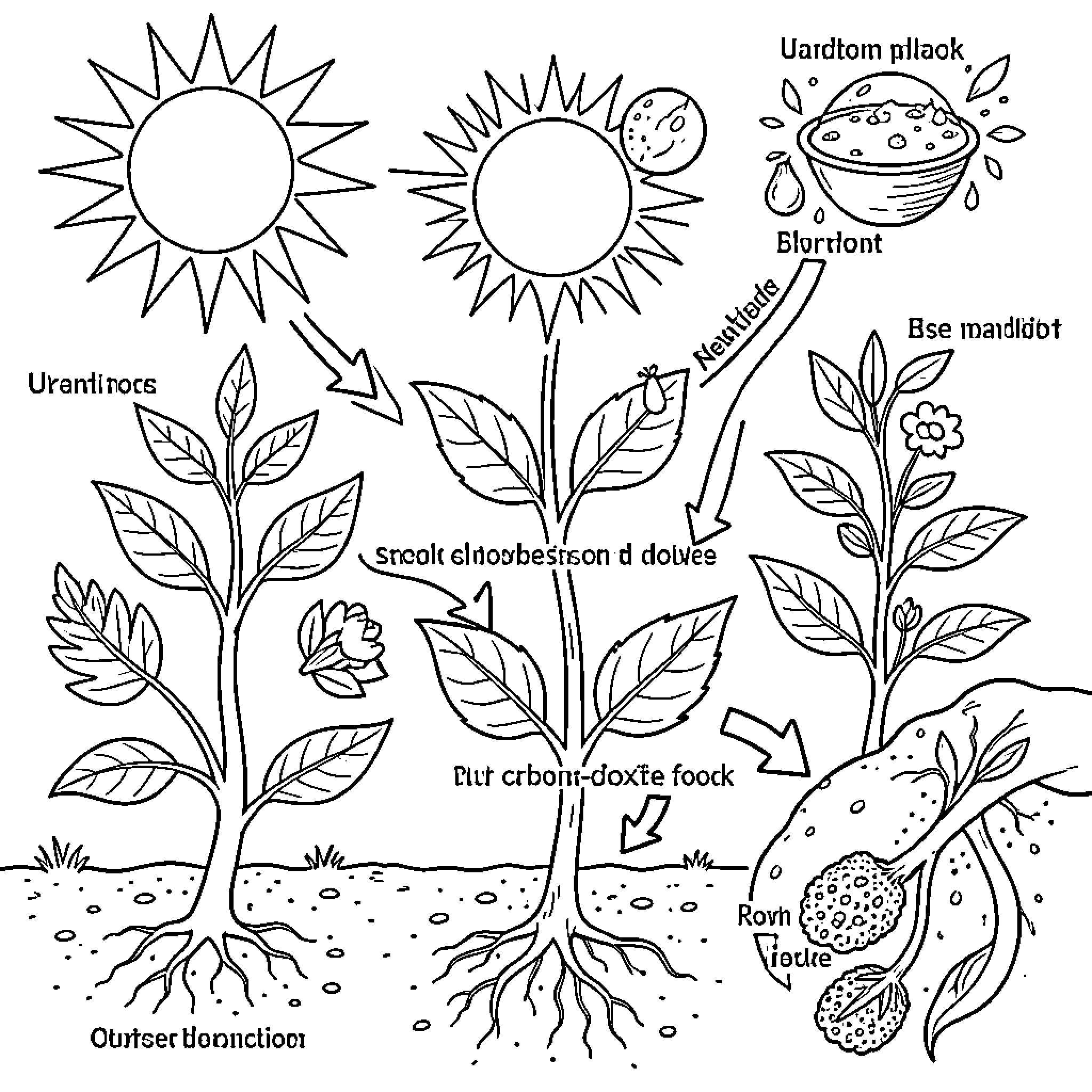 Photosynthesis: A Diagram of Plant Growth and Processes Coloring Page (free black-and-white line drawing printable PDF for all, from beginners to advanced learners, including children, teens, adults, and seniors)