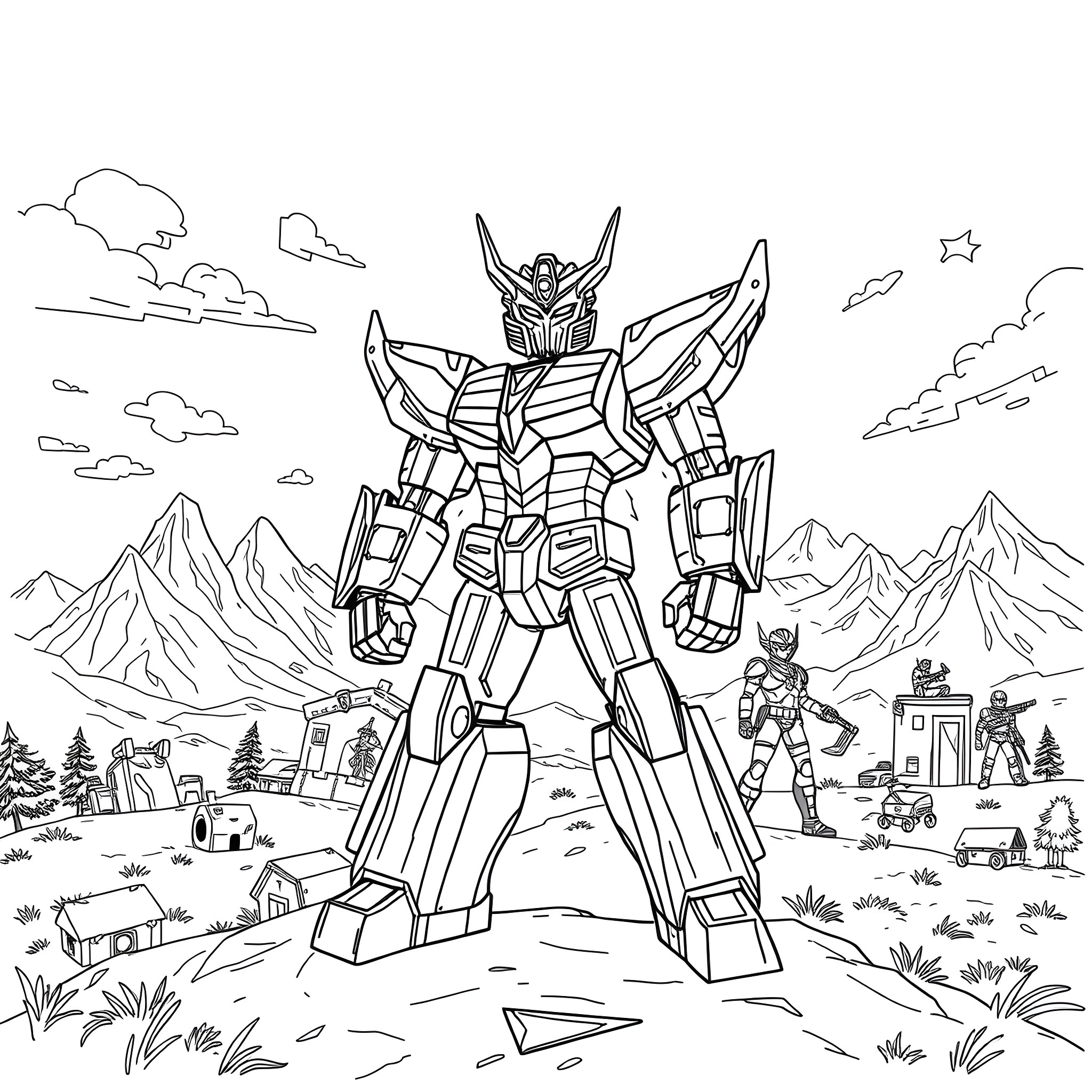 Voltron towering over the landscape Coloring Page (free black-and-white line drawing printable PDF for all, from beginners to advanced learners, including children, teens, adults, and seniors)