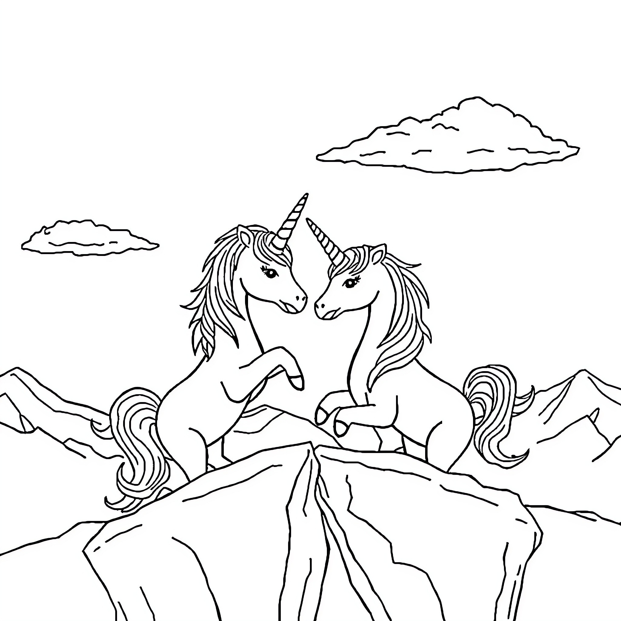 Licorne: Unicorns playing on a mountain landscape Coloring Page (free black-and-white line drawing printable PDF for all, from beginners to advanced learners, including children, teens, adults, and seniors)